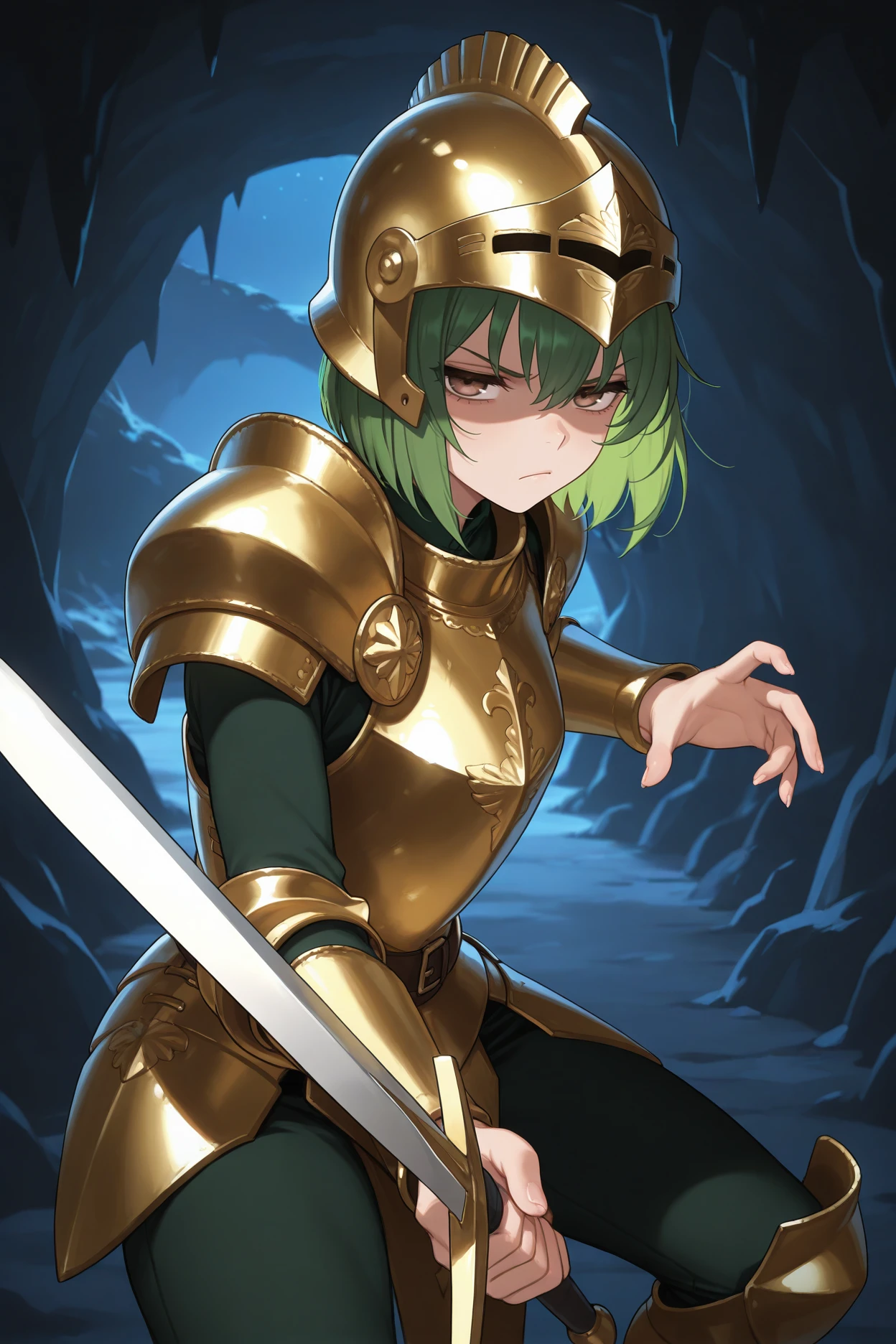 masterpiece, best quality, 1girl, solo, <lora:mczombie-illu-nvwls-v1-000005:1> mtzmbe, green hair, brown eyes, short hair, gold helmet, full helm, gold breastplate, holding sword, looking at viewer, annoyed, night, cave, fighting stance