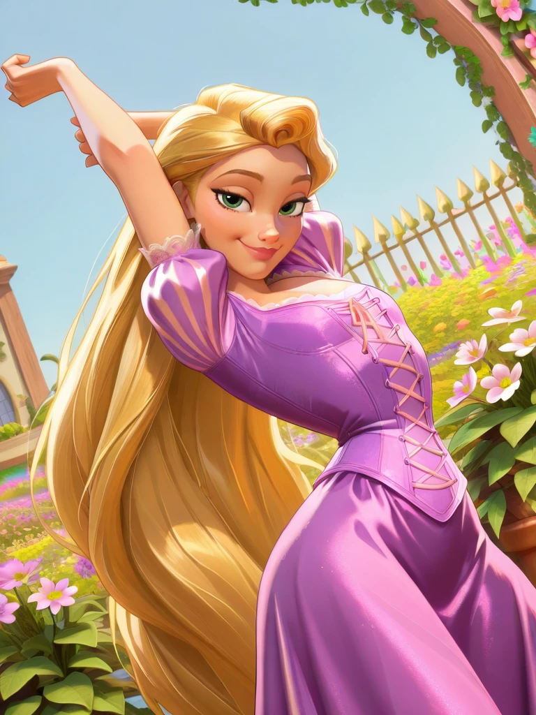 ,
1girl, (RapunzelXL:1.1), purple dress, very long hair, blonde hair, green eyes, puffy sleeves, short sleeves, corset, flat chest, narrow waist, wide hips,
naughty face dutch angle, front, arms up, smile, looking at viewer, garden, sky, flowers, dynamic pose, cowboy shot,,
<lora:RapunzelXL_character-12:0.75> <lora:AMarvelRivals_style-06:0.85> MarvelRivals,,, semi realistic, cartoon,,,