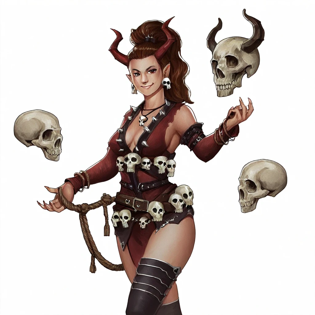 thighhighs, rope, fingernails, ponytail, breasts, brown hair, jewelry, demon girl, skull, belt, white background, smile