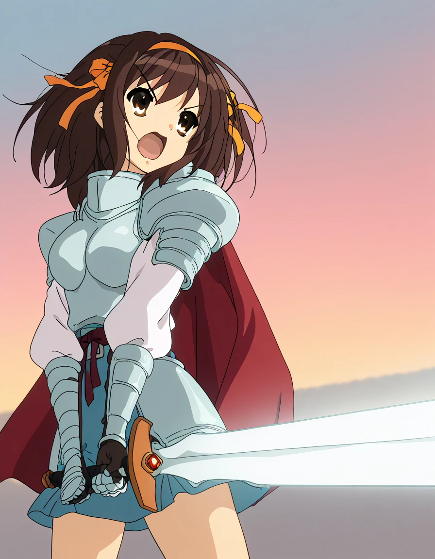 masterpiece, best quality, newest, absurdres, highres, safe,, <lora:haruhi-suzumiya-s1-ponyxl-lora-nochekaiser:1>, haruhi suzumiya, short hair, brown hair, brown eyes, hairband, medium hair, ribbon, hair ribbon, medium breasts, anime screencap, <lora:sunrise-stance-illustriousxl-lora-nochekaiser:1>, sunrise stance, weapon, sword, solo, open mouth, holding weapon, holding, holding sword, <lora:knight-ponyxl-lora-nochekaiser:1>, knight, armor, cape, shoulder armor, gauntlets, helmet, pauldrons, red cape,, ,