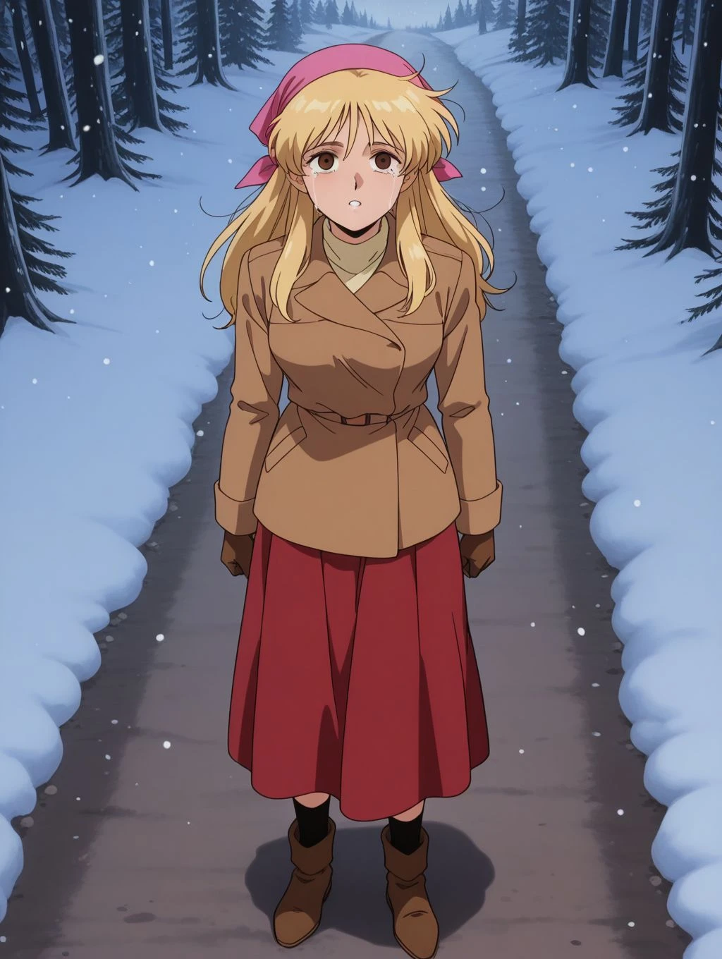 masterpiece, best quality, newest, absurdres, highres, detailed eyes, beautiful, detailed background, perfect eyes, anime coloring, anime screencap, 1990s \(style\), 1girl, solo, katejina loos. blonde hair, long hair, messy hair, brown eyes, empty eyes, medium breasts, red head scarf, brown long coat, long sleeves, gloves, red skirt, long skirt, black socks, boots, looking up, snowing, tears, teeth, (outdoors, forest, dirt road), <lora:katejina_gdmv_pony-08:0.8>