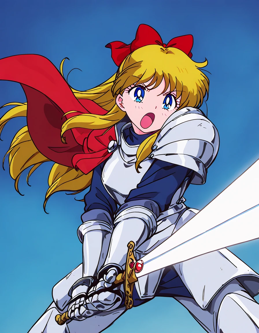 masterpiece, best quality, newest, absurdres, highres, safe,, <lora:minako-aino-s3-ponyxl-lora-nochekaiser:1>, minako aino, blonde hair, blue eyes, bow, hair bow, half updo, long hair, red bow, tiara, medium breasts,, <lora:sunrise-stance-illustriousxl-lora-nochekaiser:1>, sunrise stance, weapon, sword, solo, open mouth, holding weapon, holding, holding sword, <lora:knight-ponyxl-lora-nochekaiser:1>, knight, armor, cape, shoulder armor, gauntlets, helmet, pauldrons, red cape,, ,
