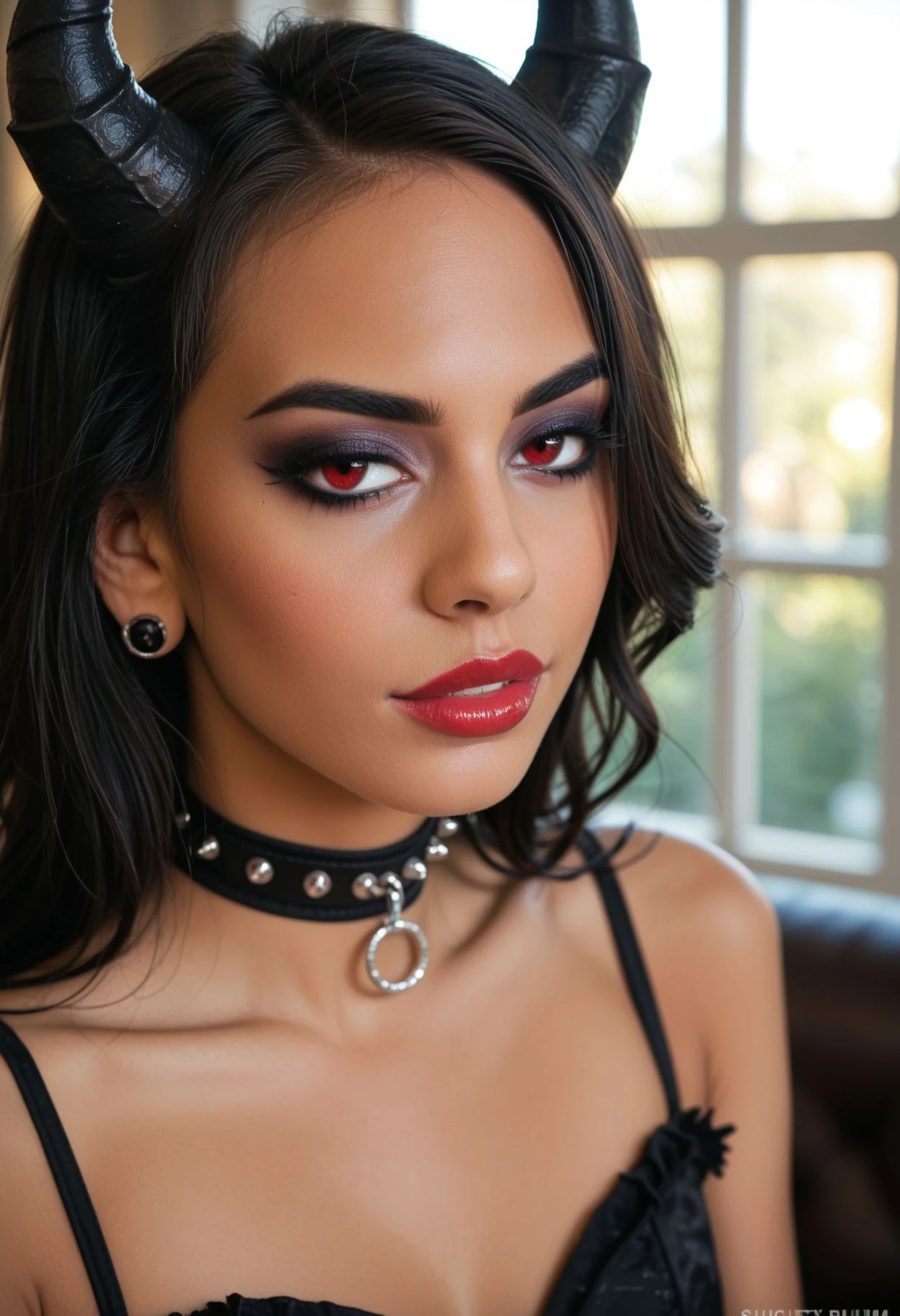 score_9, score_8_up, score_7_up, score_6_up, j4n1c3, 1girl, dark hair, (dark-skinned_female:0.5), beautiful, tall, makeup, skinny, portrait, close-up, (devil with demonic horns, bat wings, demon tail), wearing a onyx sinister gown with gothic motifs, leather boots with sinister details, sharp eyeliner,dark plum lipstick, gothic choker,silk gloves,