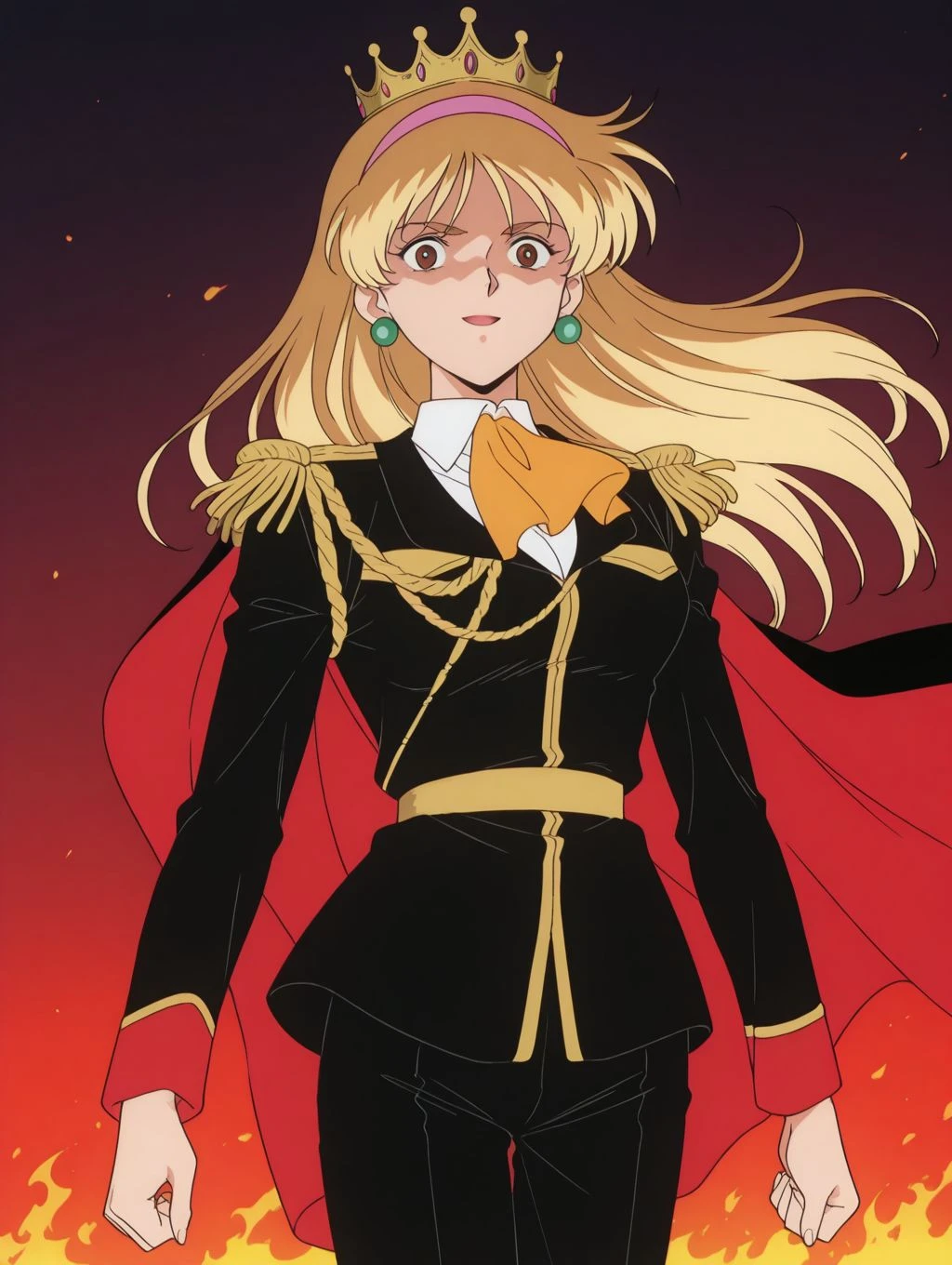 masterpiece, best quality, newest, absurdres, highres, detailed eyes, beautiful, detailed background, perfect eyes, anime coloring, anime screencap, 1990s \(style\), 1girl, solo, katejina loos. blonde hair, long hair, pink hairband, brown eyes, medium breasts, earrings, military uniform, jacket, long sleeves, epaulettes, ascot, black pants, boots, crown, cape, looking at viewer, cowboy shot, (gradient background, fire, outstreched arm, shaded eyes, wide-eyed, evil smile, frown, open mouth, floating hair, floating cape), <lora:katejina_gdmv_pony-08:0.8>