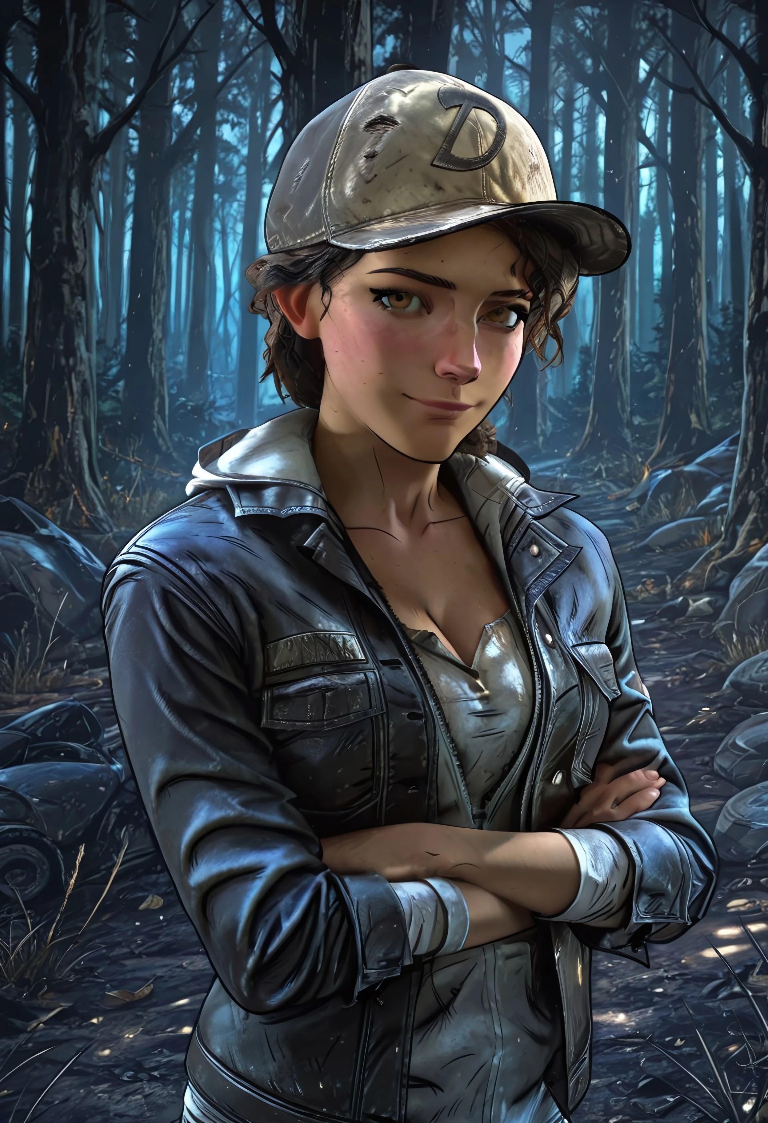 safe_pos, masterpiece, best quality, BREAK, dynamic angle, 1girl, clementinewd, brown hair, brown eyes, baseball cap, biker jacket, hoodie, buttoned shirt, cleavage, perky breasts, arms crossed, looking at viewer, light smile, blushing, forest, camp, apocalypse, detailed scenery