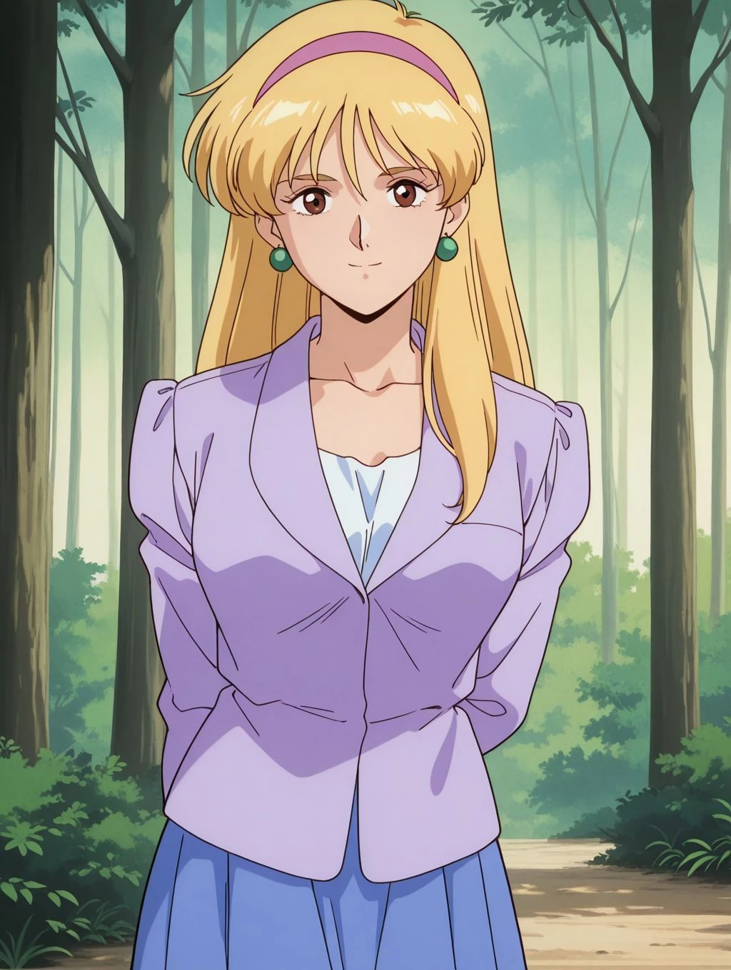 masterpiece, best quality, newest, absurdres, highres, detailed eyes, beautiful, detailed background, perfect eyes, anime coloring, anime screencap, retro_artstyle, 1990s \(style\), 1girl, solo, katejina loos. blonde hair, long hair, brown eyes, medium breasts, earrings, purple jacket, long sleeves, collarbone, blue skirt, long skirt, pink hairband, looking at viewer, smile, arms behind back, (outdoors, forest), <lora:katejina_gdmv_pony-08:0.8>