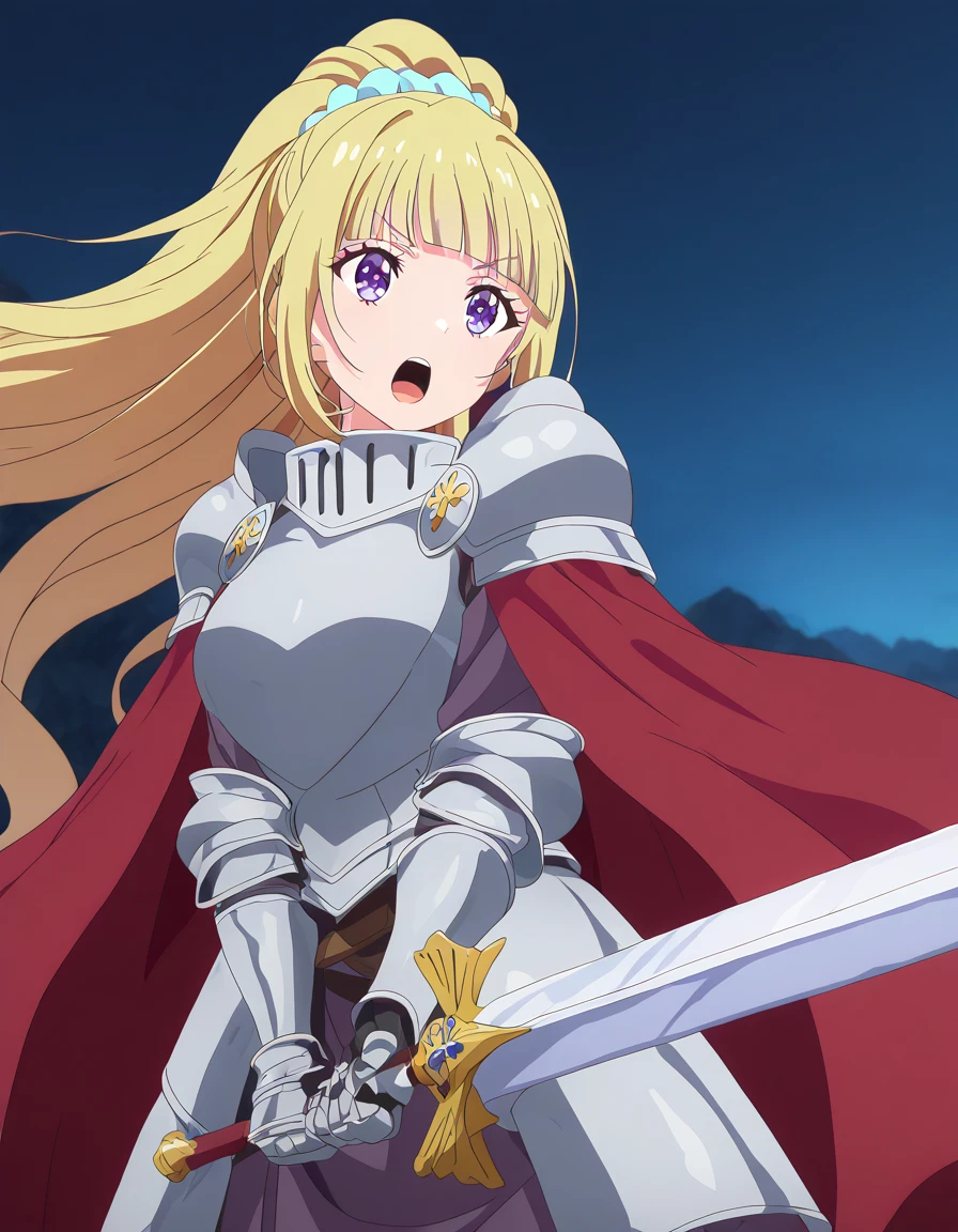 masterpiece, best quality, newest, absurdres, highres, safe,, <lora:kei-karuizawa-anime-s2-ponyxl-lora-nochekaiser:1>, kei karuizawa, long hair, bangs, blunt bangs, purple eyes, blonde hair, hair ornament, ponytail, scrunchie, blue scrunchie, medium breasts, anime screencap, <lora:sunrise-stance-illustriousxl-lora-nochekaiser:1>, sunrise stance, weapon, sword, solo, open mouth, holding weapon, holding, holding sword, <lora:knight-ponyxl-lora-nochekaiser:1>, knight, armor, cape, shoulder armor, gauntlets, helmet, pauldrons, red cape,, ,