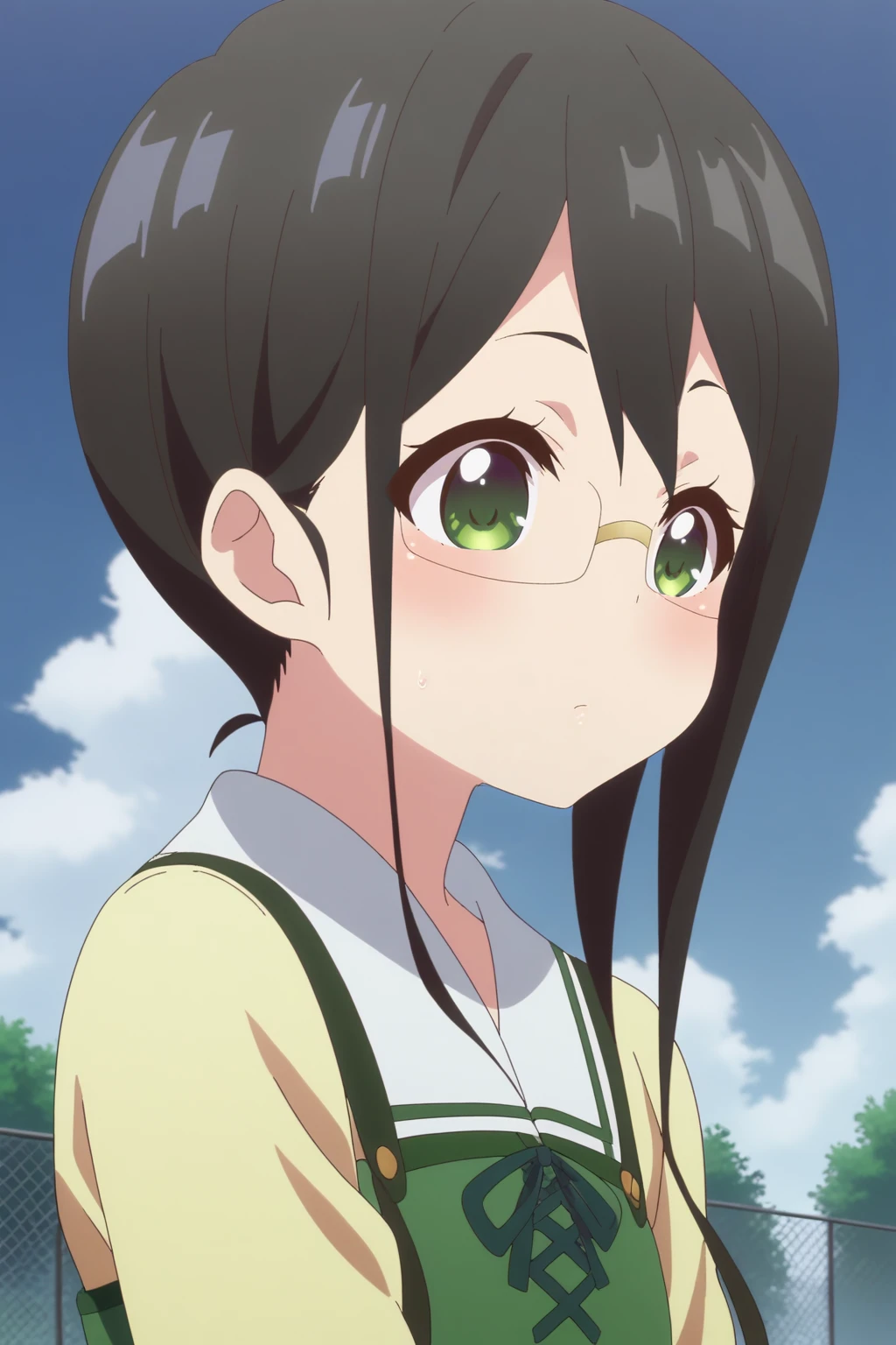 anime coloring, official_art, flat color, Sadatou Ayano, glasses, outdoors, upper body, <lora:Ryuuou_no_Oshigoto-Sadatou_Ayano-PDXL:0.8>