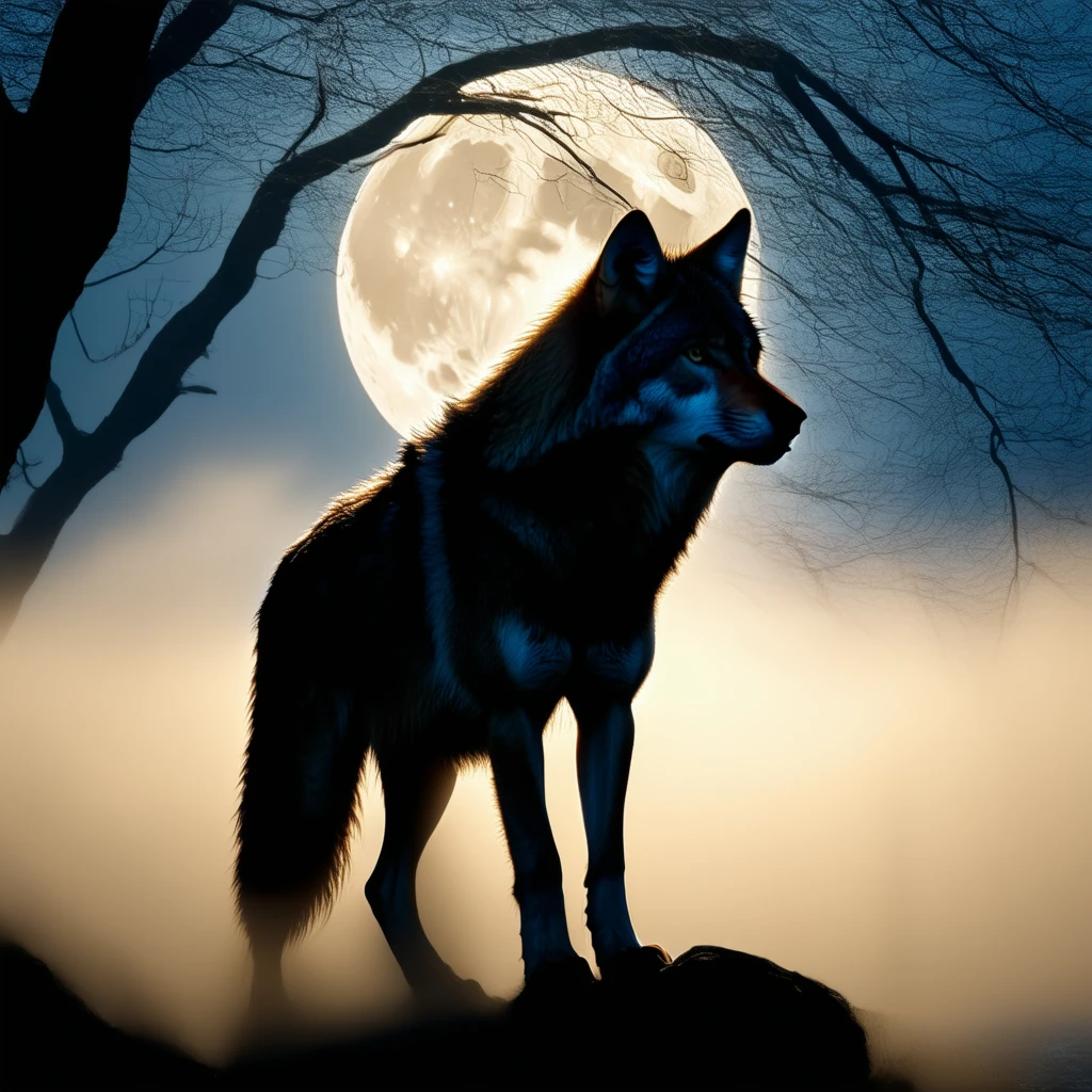 Silhouette closeup of a wolf in the mist. Backlit. Moon. Bare tree silhouette.
DarkAtmosCE_style