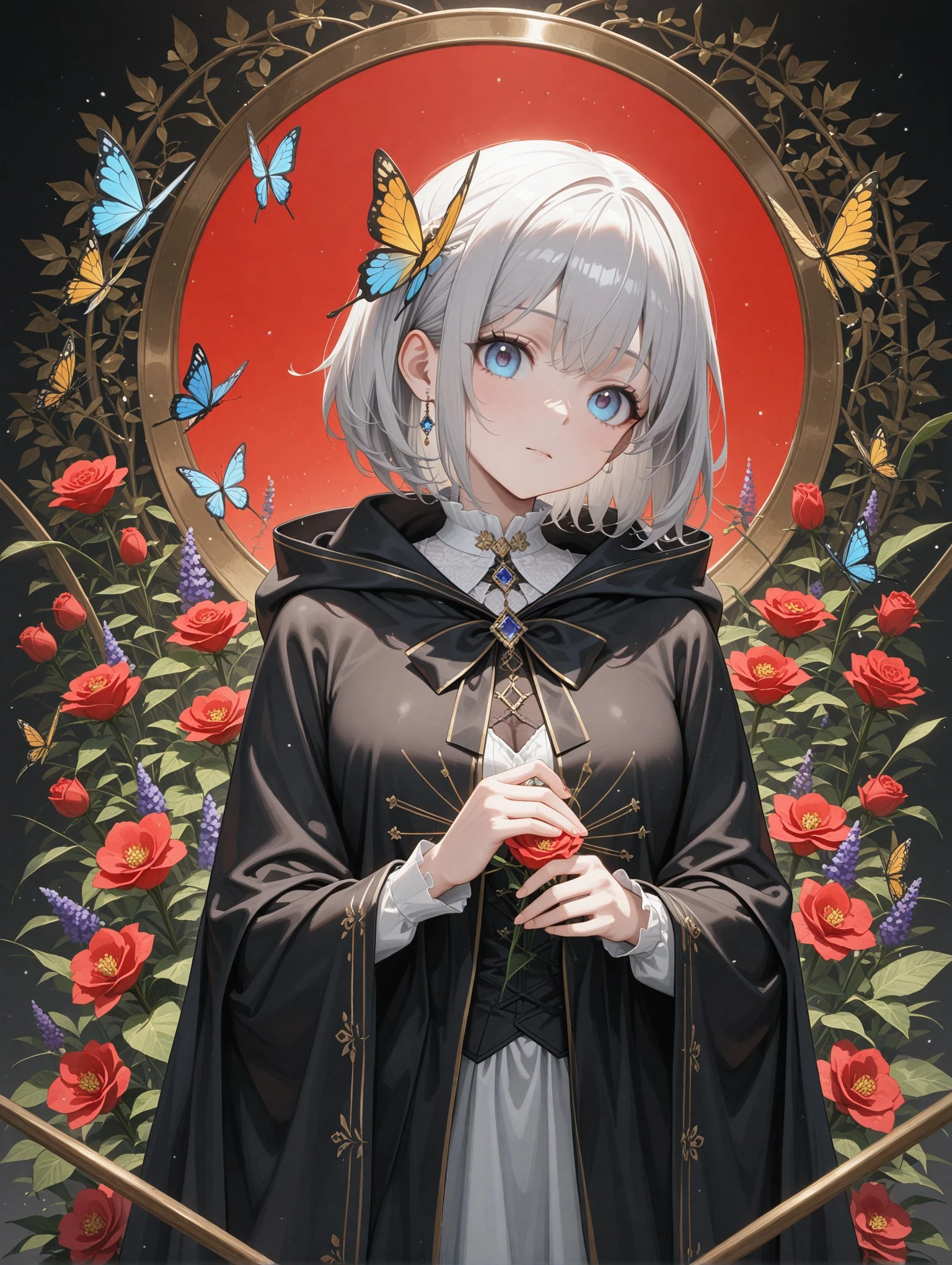best quality, aesthetic, A detailed illustration of a girl with silver hair and blue eyes, focusing on the upper body. silver hair is adorned with colorful flowers and ornaments. She is dressed in a black cloak de cour, The background features elements of nature like butterflies, bugs, and flowers in shades of blue, red, and purple.