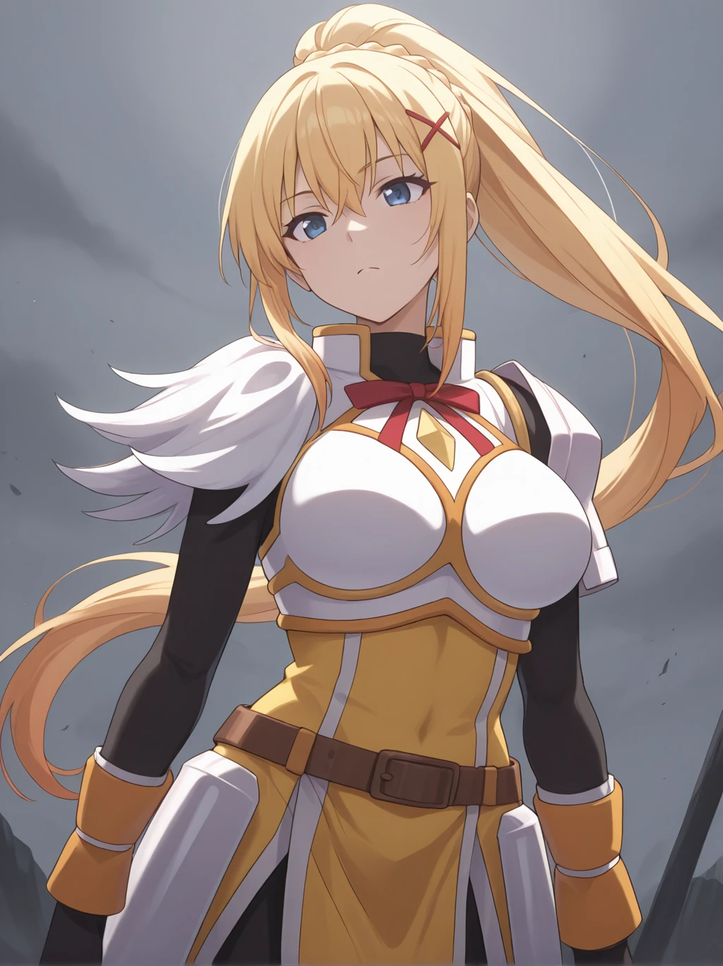 very aesthetic, high resolution, ultra-detailed, absurdres, newest, scenery, medium depth of field, rule of thirds, masterpiece-level, clean lines, sharp, focused subject, minimalistic composition, masterpiece, amazing quality, best quality, anime screencap, detailed face, detailed eyes, detailed outfit, face focus, 1girl, solo, blonde hair, long hair, ponytail, Darkness-Liver020, outfit 1, outfit1, white armor, cowboy shot, yellow dress, armor, red ribbon, x hair ornament, brown metal belt, black glove, large breasts, blue eyes, grey background
