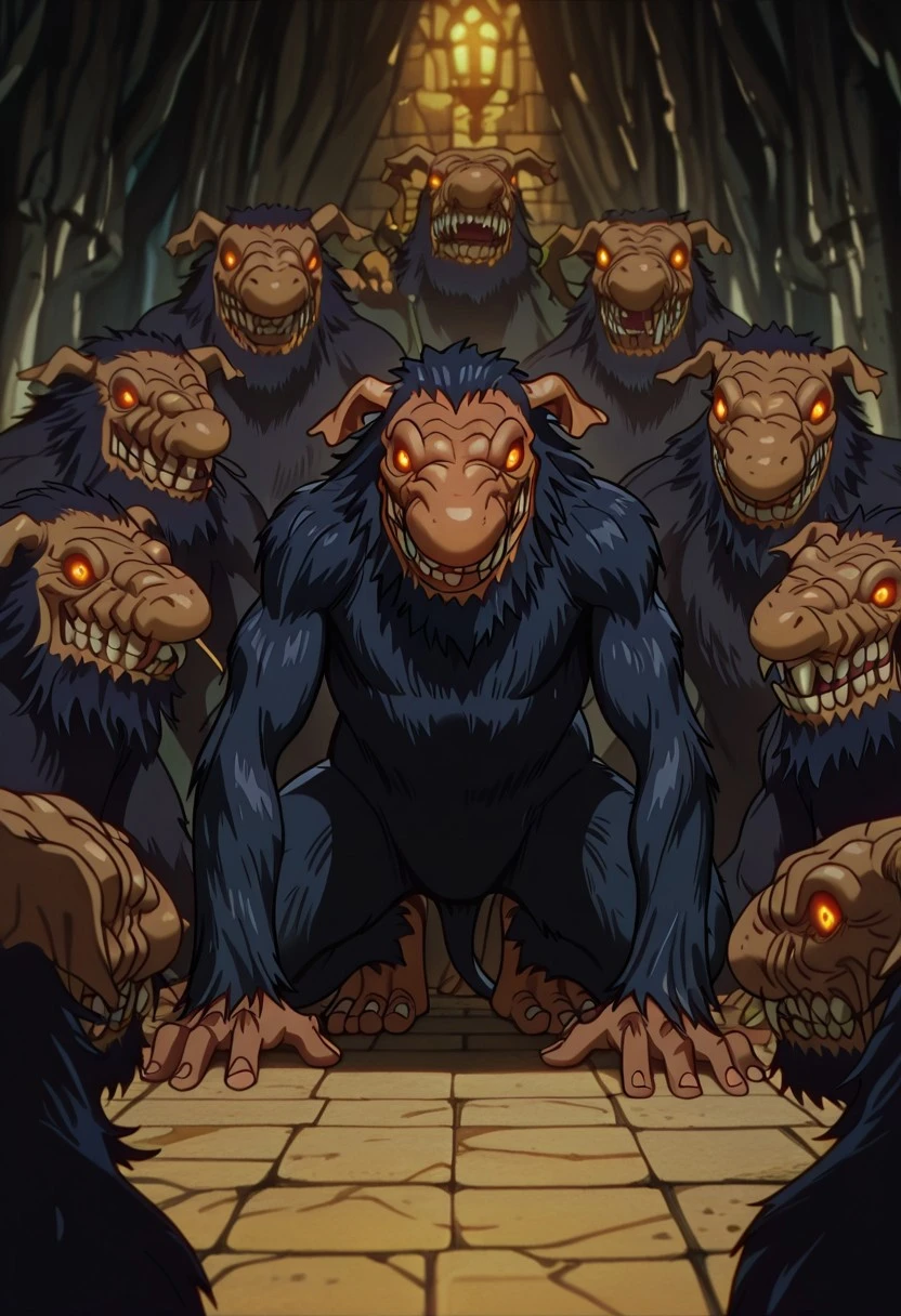 masterpiece, best quality, newest, absurdres, highres, anime, anime style, berserk, Berserk-Troll-IL-V1.0-MultipleTrolls, multiple trolls, multiple monsters, multiple others, monster,