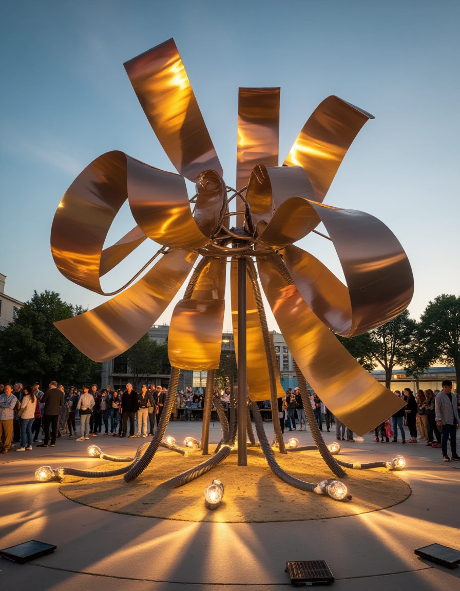 A freestanding sculpture of lightweight metallic ribbons mounted on flexible poles. The ribbons are coated in a gradient of gold to bronze, reflecting sunlight in dazzling bursts as they sway with the wind. Surrounding the sculpture are small solar-powered lights that cast warm, flickering shadows onto the ground at dusk. A small crowd gathers around, enjoying the serene motion and the dynamic light interplay as the golden tones shift with the setting sun.
<lora:ral-kntcscptr-flux:1>