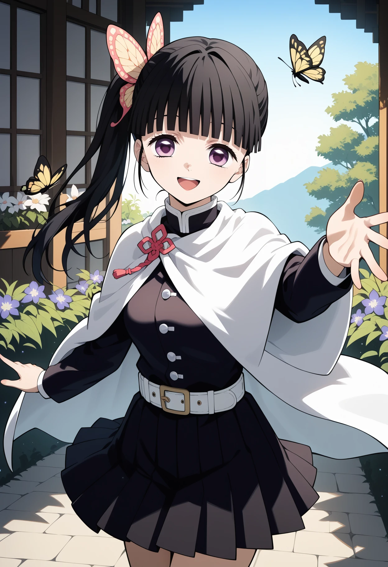 score_9, score_8_up, score_7_up, score_6_up, score_5_up, score_4_up, source_anime, aakanao, long hair, black hair, side ponytail, hair ornament, purple eyes, breasts, white cape, black shirt, long sleeves, white belt, pleated skirt, black skirt, <lora:tsuyuri_kanao_ponyxl_v1:0.9>, standing, cowboy shot, reaching, smile, open mouth, bug, butterfly, flower,