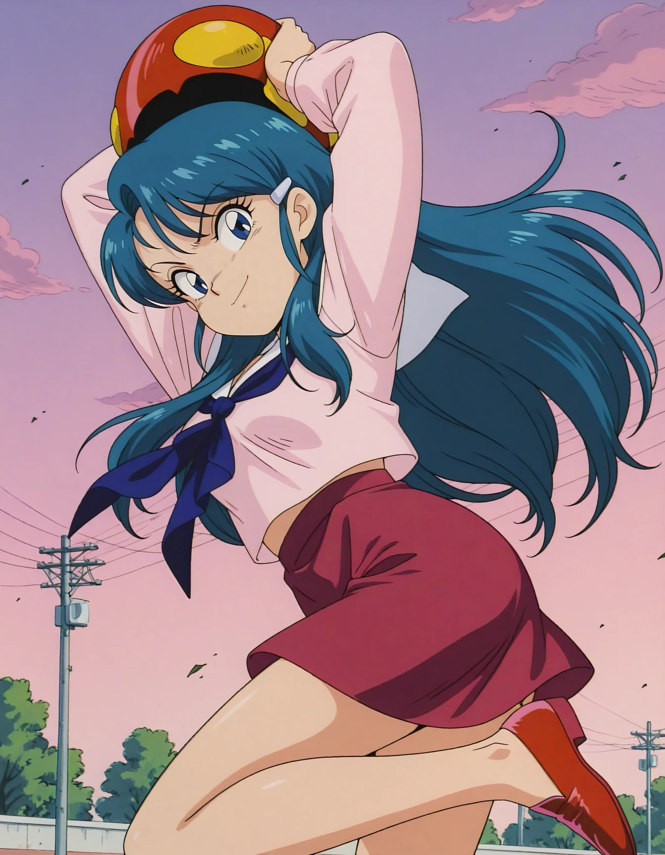 anime artwork (key:-1.5), <lora:Hyper-SDXL-8steps-lora:1>,
masterpiece,best quality,highres,source_anime,anime screencap,anime coloring,megami magazine,sidelighting,shiny luminous,shiny skin,
<lora:kuki_rei_IL:1>,
kuki rei, kuki rei_seifuku, 1girl, solo, long hair, blue eyes, shirt, skirt, long sleeves, blue hair, school uniform, shoes, serafuku, sailor collar, neckerchief, red skirt, red footwear, blue neckerchief,
cowboy shot, one leg up, from side, angry, looking at viewer,
arms up, outdoors, , smile,pitching, from below,
. anime style, key visual, vibrant, studio anime, highly detailed