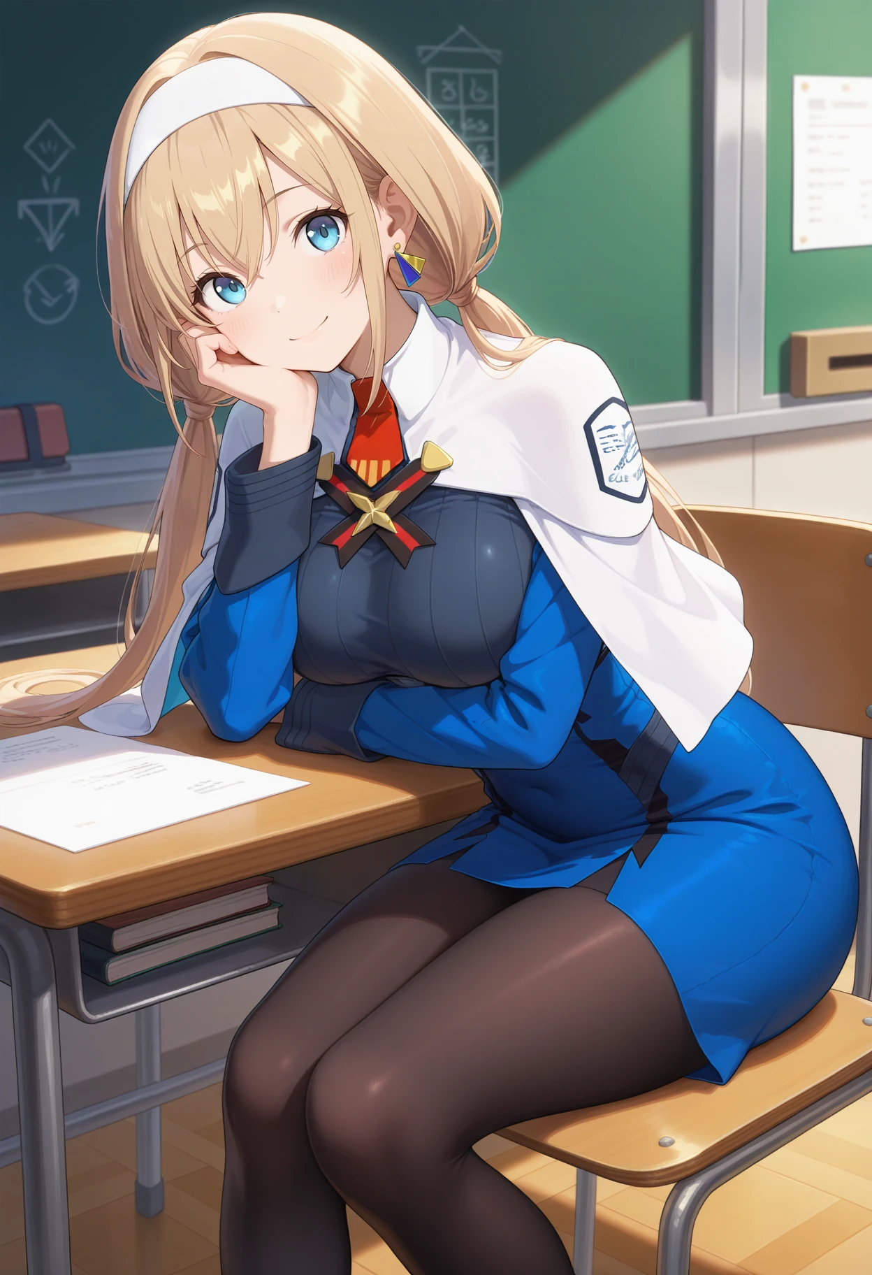 best quality, good quality, amazing quality, very aesthetic, absurdres, masterpiece, 1girl, aamitsuba, long hair, blonde hair, low twintails, white hairband, triangle earrings, blue eyes, breasts, uniform, white capelet, red necktie, underbust, blue dress, long sleeves, black pantyhose, <lora:mitsuba_greyvalley_ilxl_v1:0.9>, arm rest, hand on own cheek, sitting, desk, smile, classroom, on chair,