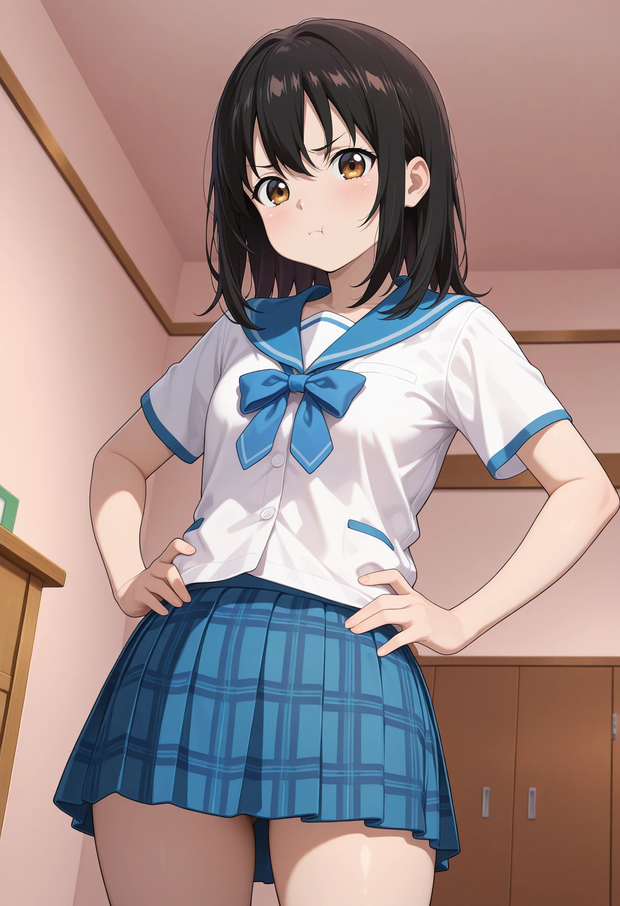 best quality, good quality, amazing quality, very aesthetic, absurdres, masterpiece, 1girl, aayukina, medium hair, black hair, brown eyes, school uniform, blue sailor collar, blue bow, white shirt, short sleeves, plaid skirt, blue skirt, <lora:himeragi_yukina_ilxl_v1:0.9>, standing, cowboy shot, indoors, room, pout, hands on own hips,