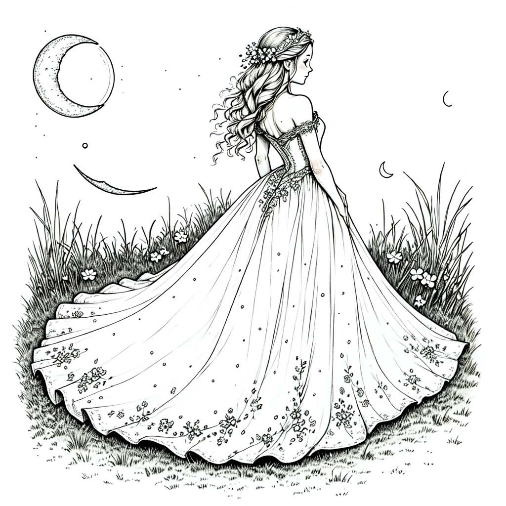 <lora:Whimsical_Mechanica_Line_DrawingSD1):1> ArsMJStyle, Whimsical Mechanica, Line Drawing, The image is a black and white line drawing of a young woman in a long flowing dress. She is standing on a grassy hill with a crescent moon in the background. The woman has long wavy hair that is flowing in the wind and is wearing a tiara on her head. The dress is long and flowy with a train that trails behind her. The skirt of the dress is full and flowing and it is decorated with small flowers and leaves. The overall mood of the image is dreamy and ethereal., 1girl, monochrome, dress, solo, long hair, moon, flower, crescent moon, greyscale, crescent