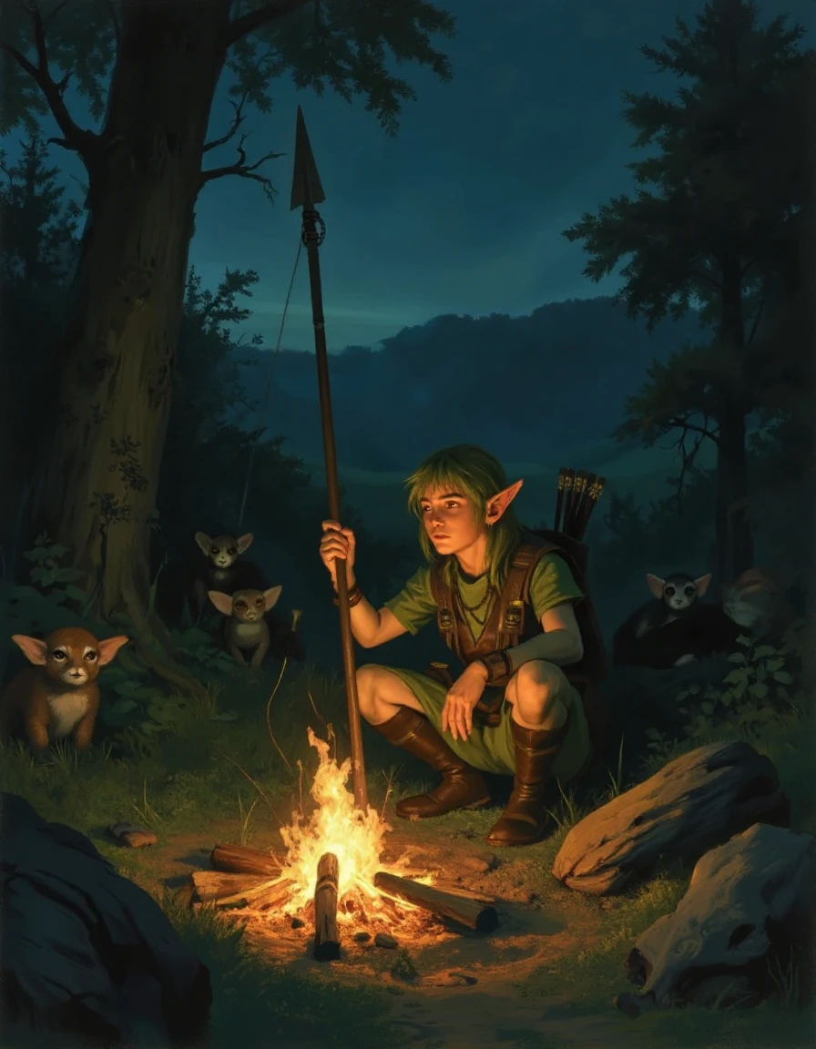 fantasy painting of an elf ranger squatting near a campfire at night holding a spear pointed up to the sky. Watchful eyes in the bushes and behind trees keep the elf alert