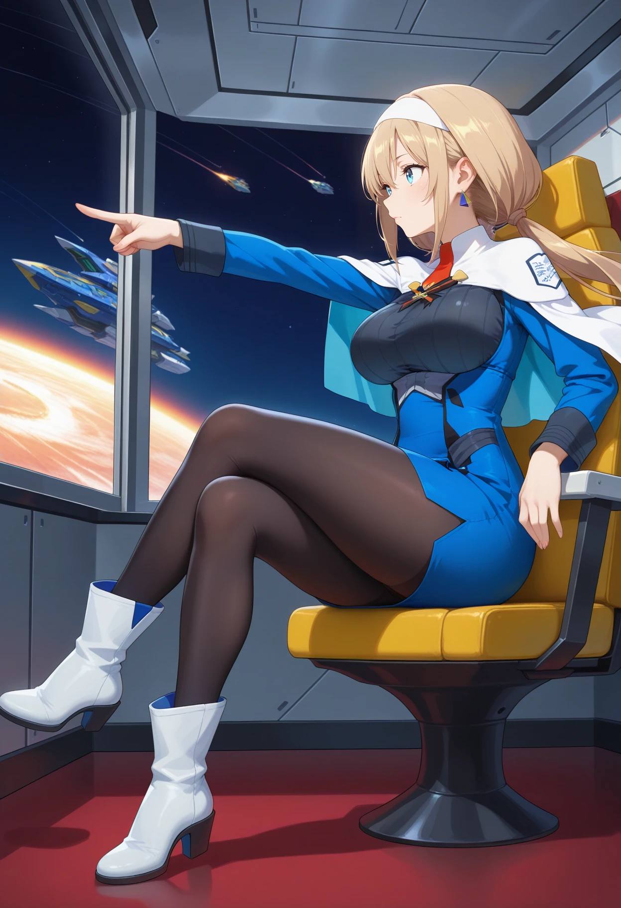 best quality, good quality, amazing quality, very aesthetic, absurdres, masterpiece, 1girl, aamitsuba, long hair, blonde hair, low twintails, white hairband, triangle earrings, blue eyes, breasts, uniform, white capelet, red necktie, underbust, blue dress, long sleeves, black pantyhose, <lora:mitsuba_greyvalley_ilxl_v1:0.9>, sitting, crossed legs, indoors, spacecraft, looking at another, pointing, boots, white footwear, from side, solo,