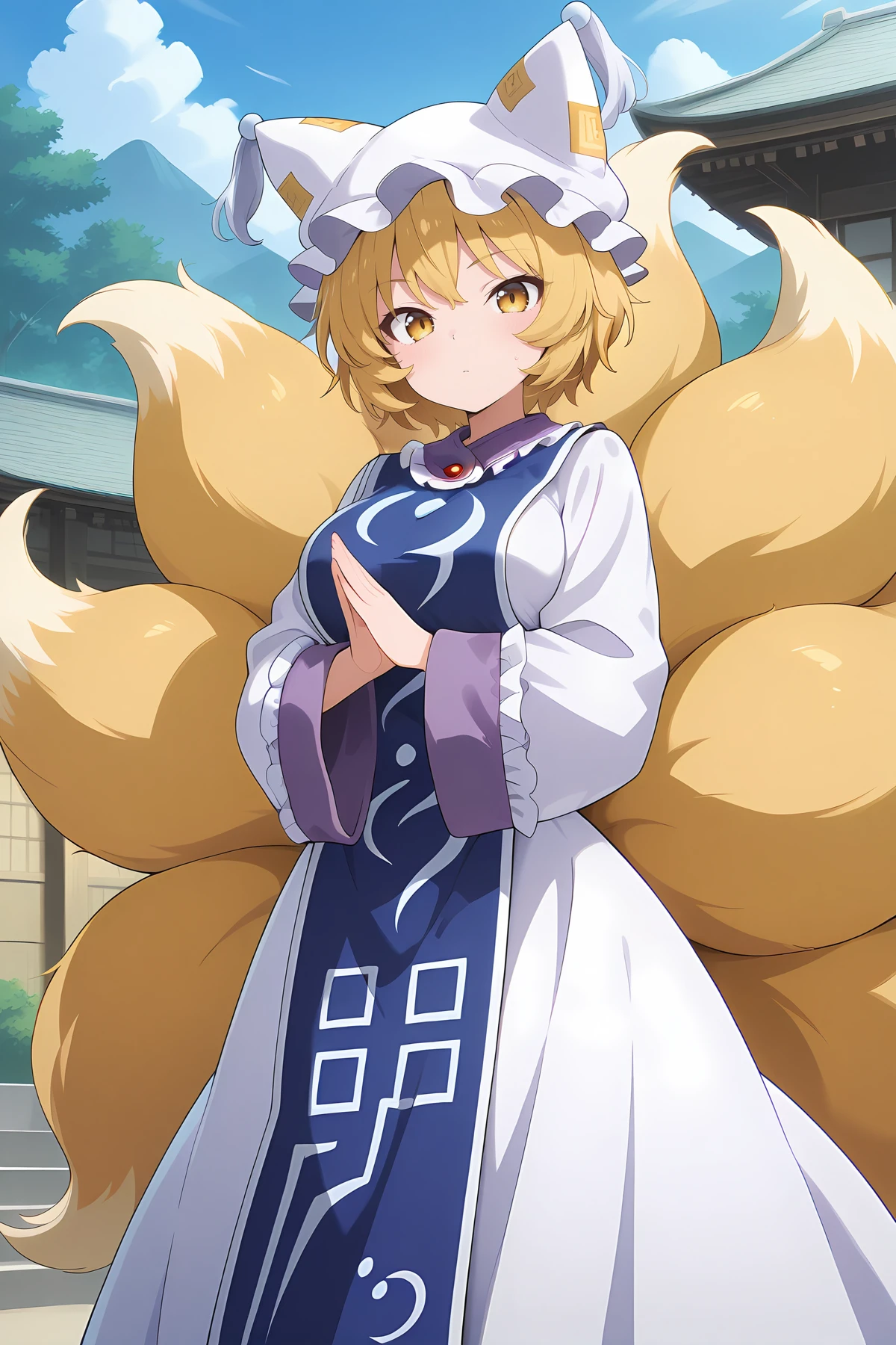 absurdres, highres, masterpiece, best quality, amazing quality, official anime artwork, screencap, anime screencap, outdoors, looking at viewer, dynamic pose, joint arms,
<lora:Yakumo-Ran_Illustrious:1> yakumo ran, 1girl, solo, yellow eyes, blonde hair, short hair, multiple tails, fox tail, fox ears,, hat, white headwear, ofuda, tabard, white dress, long dress, frills, long sleeves, wide sleeves