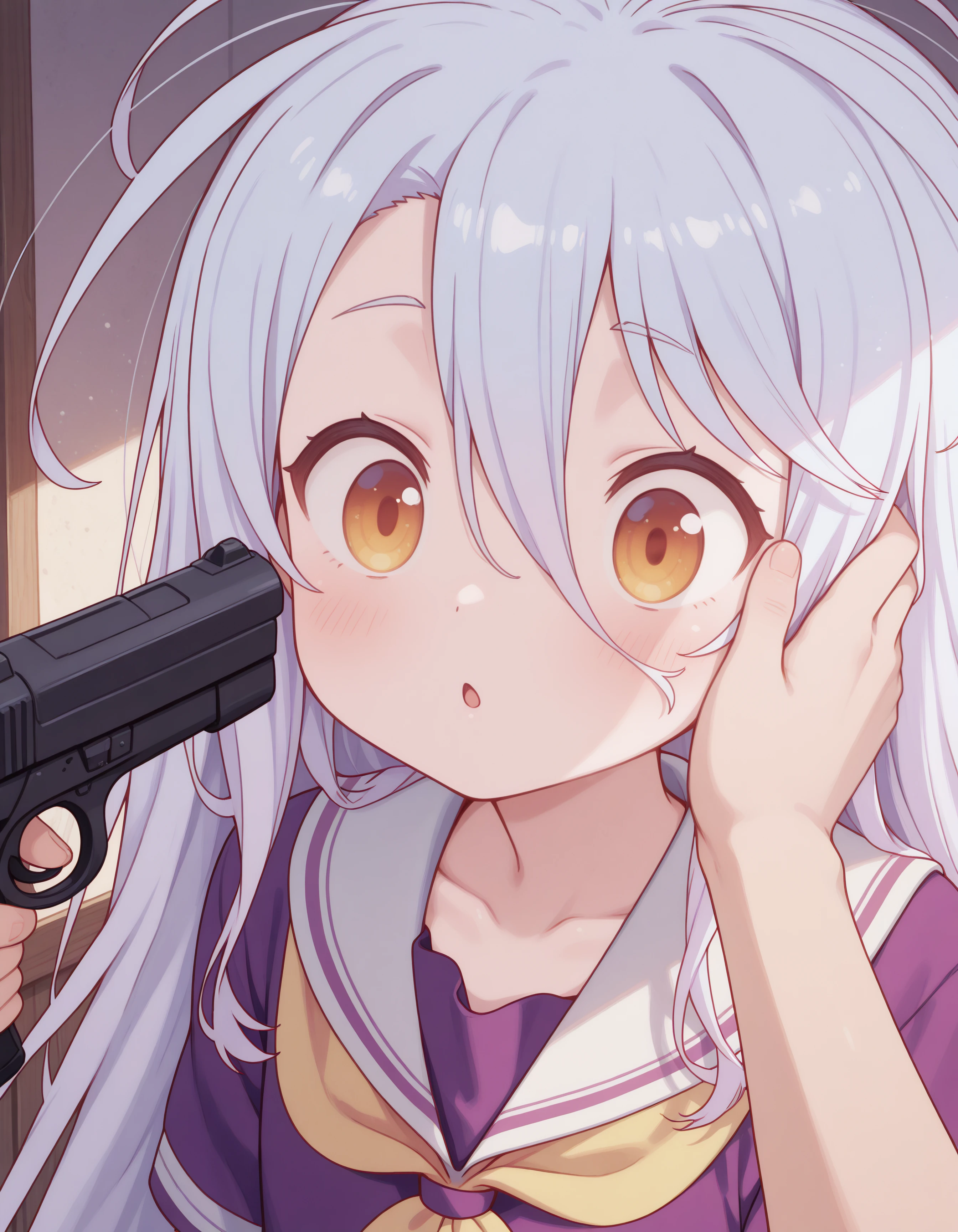 1girl, shiro_ngnl, pale skin, very long messy white hair, pale blue hair, yellow red eyes, purple sailor uniform, tiny, 1 boy, pointing a gun at her face, innocent, :o, super cute, (clothed, ultra kawaii), hdr, low contrast,
masterpiece, best quality, absurdres, masterpiece, highres, perfect anatomy, anime style, anime screenshot, 8k wallpaper, ultra high quality, (extremely detailed cg), perfect lighting, (sharp image), dynamic angle