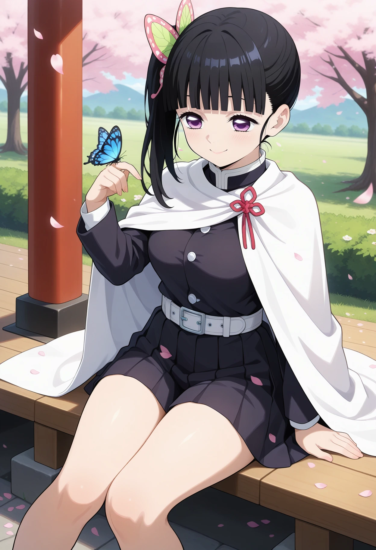 best quality, good quality, amazing quality, very aesthetic, absurdres, masterpiece, 1girl, aakanao, long hair, black hair, side ponytail, hair ornament, blunt bangs, purple eyes, medium breasts, white cape, black shirt, long sleeves, white belt, pleated skirt, black skirt, <lora:tsuyuri_kanao_ilxl_v1:1>, sitting, butterfly on hand, smile, petals, looking at another, outdoors,