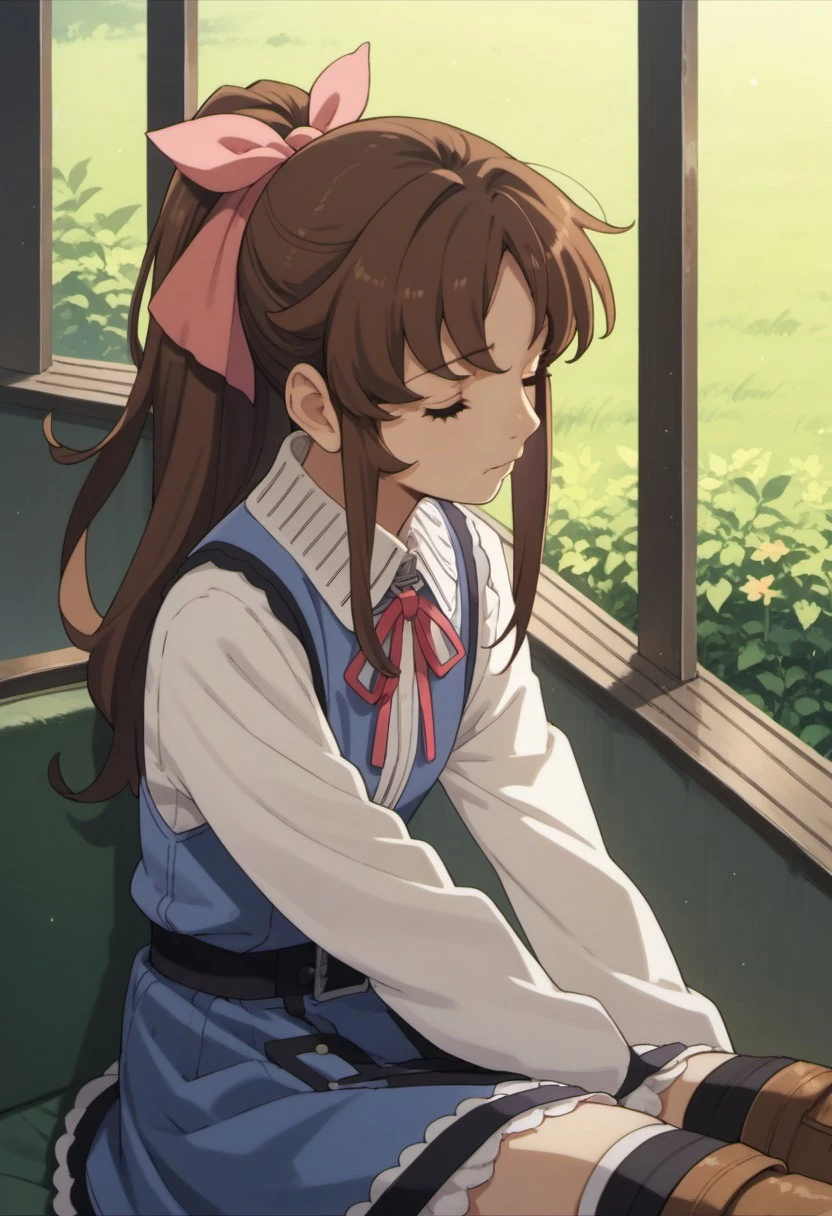 score_9, score_8_up, score_7_up, source_anime, kiryu mikage, brown hair, ponytail, long hair,1girl, solo, closed eyes, sitting, thighhighs, ribbon, boots, hair ribbon, wariza
