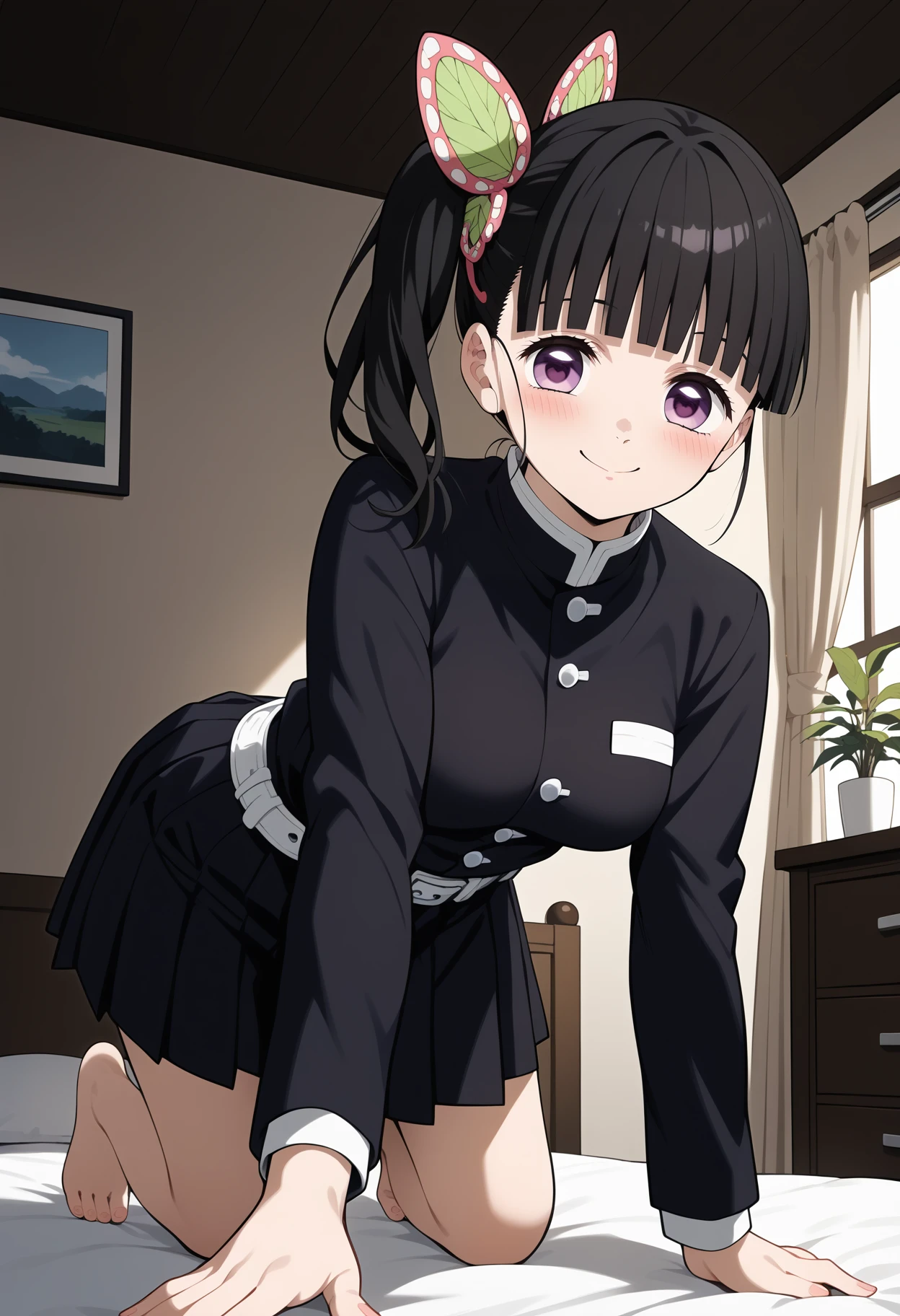 score_9, score_8_up, score_7_up, score_6_up, score_5_up, score_4_up, source_anime, aakanao, long hair, black hair, side ponytail, hair ornament, purple eyes, breasts, black shirt, long sleeves, white belt, pleated skirt, black skirt, <lora:tsuyuri_kanao_ponyxl_v1:0.9>, on bed, bedroom, all fours, closed mouth, smile, blush, from below, barefoot,