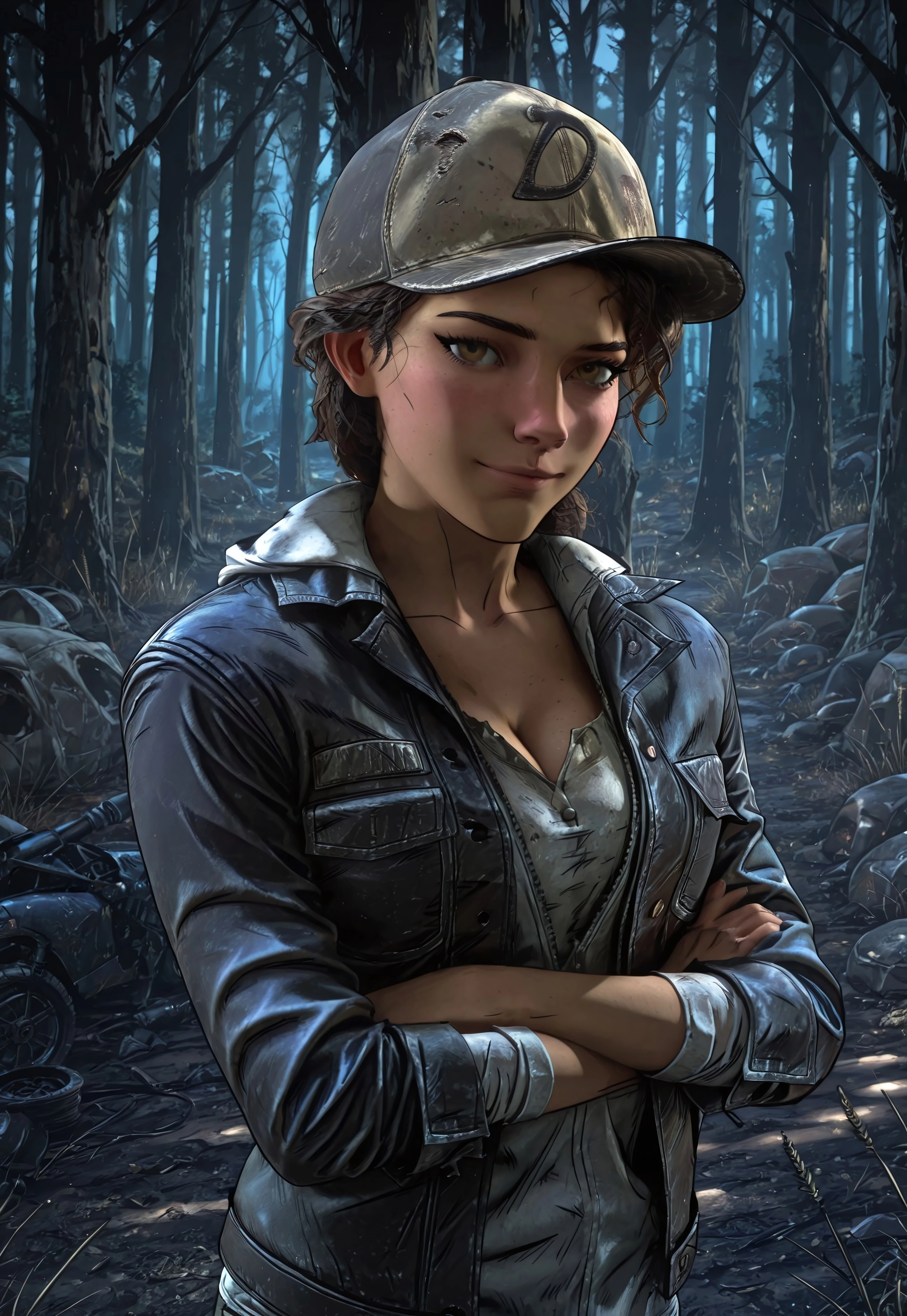 safe_pos, masterpiece, best quality, BREAK, dynamic angle, 1girl, clementinewd, brown hair, brown eyes, baseball cap, biker jacket, hoodie, buttoned shirt, cleavage, perky breasts, arms crossed, looking at viewer, light smile, blushing, forest, camp, apocalypse, detailed scenery
