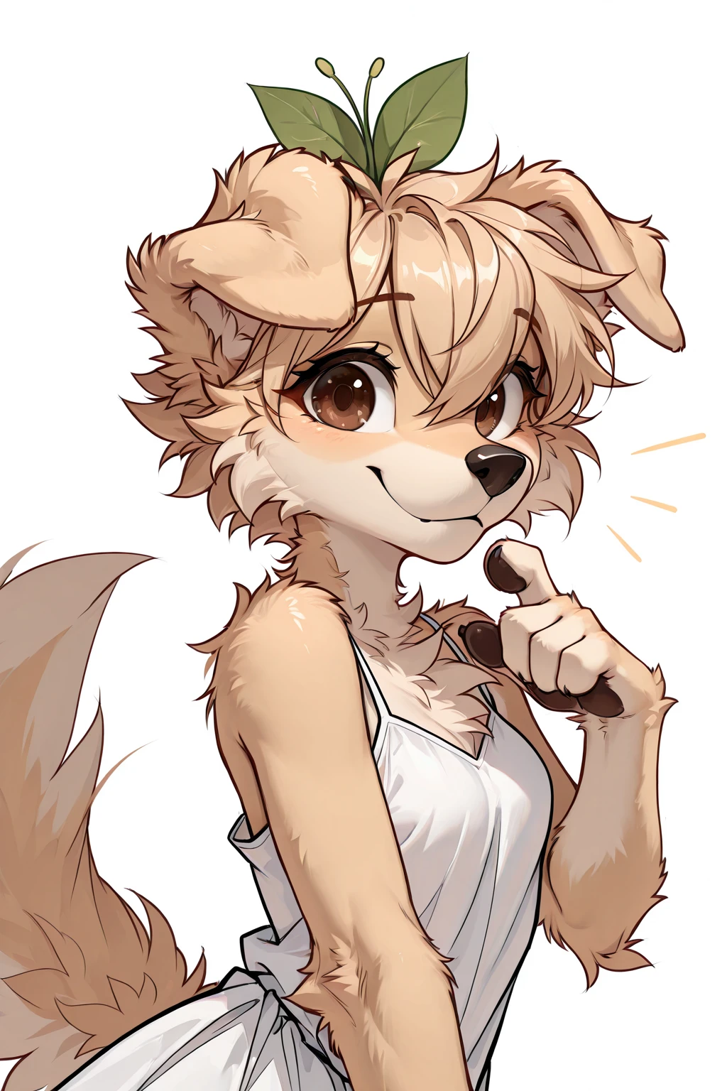 digital media \(artwork\), (masterpiece, high quality, best quality, 8k uhd, absurd res, very aesthetic, newest),sundress, <lora:Berri-Illus:0.7>, golden retriever, female, anthro, tan body, tan fur, plant on head, brown eyes, bangs, dog girl, canine, cheek tuft, floppy ears, paws, solo, <lora:Mega_Fluffy_IL:0.9> megafluffy, (fluffy), furry,