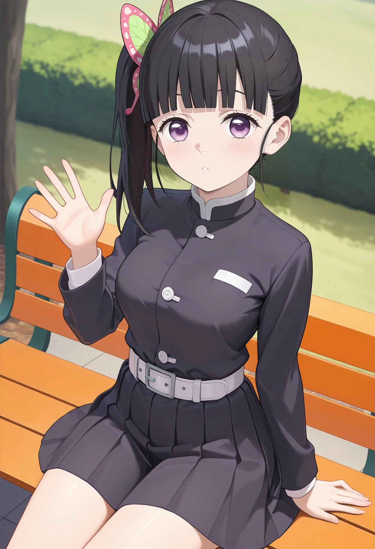 best quality, good quality, amazing quality, very aesthetic, absurdres, masterpiece, 1girl, aakanao, long hair, black hair, side ponytail, hair ornament, blunt bangs, purple eyes, medium breasts, black shirt, long sleeves, white belt, pleated skirt, black skirt, <lora:tsuyuri_kanao_ilxl_v1:1>, park, bench, sitting, waving, looking at viewer,