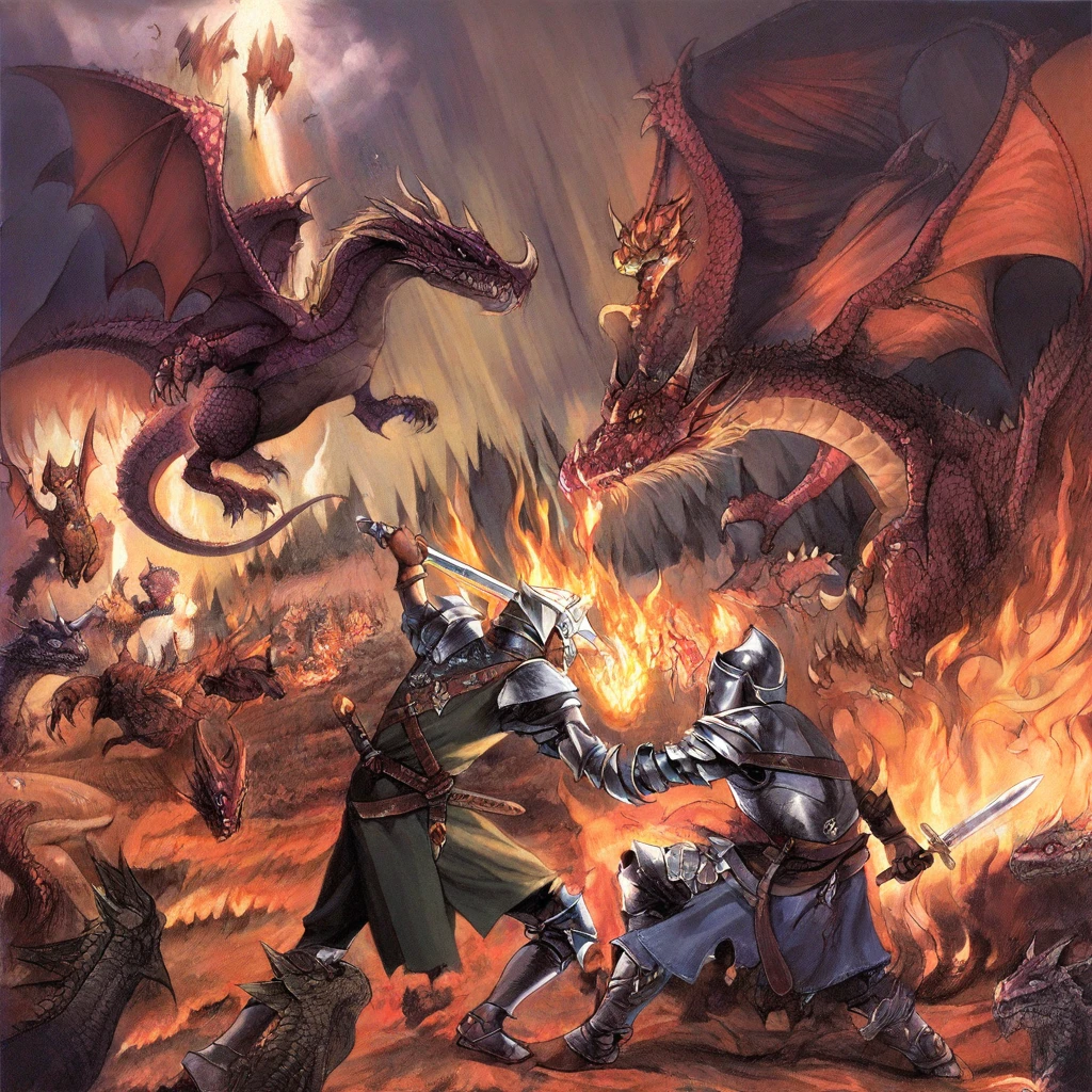 Imagine an epic battle between a group of red draconians and another species of dragon. Describe each side's strategy and how the battle plays out, incluindo detalhes como feridas, sangue e mortes. --auto