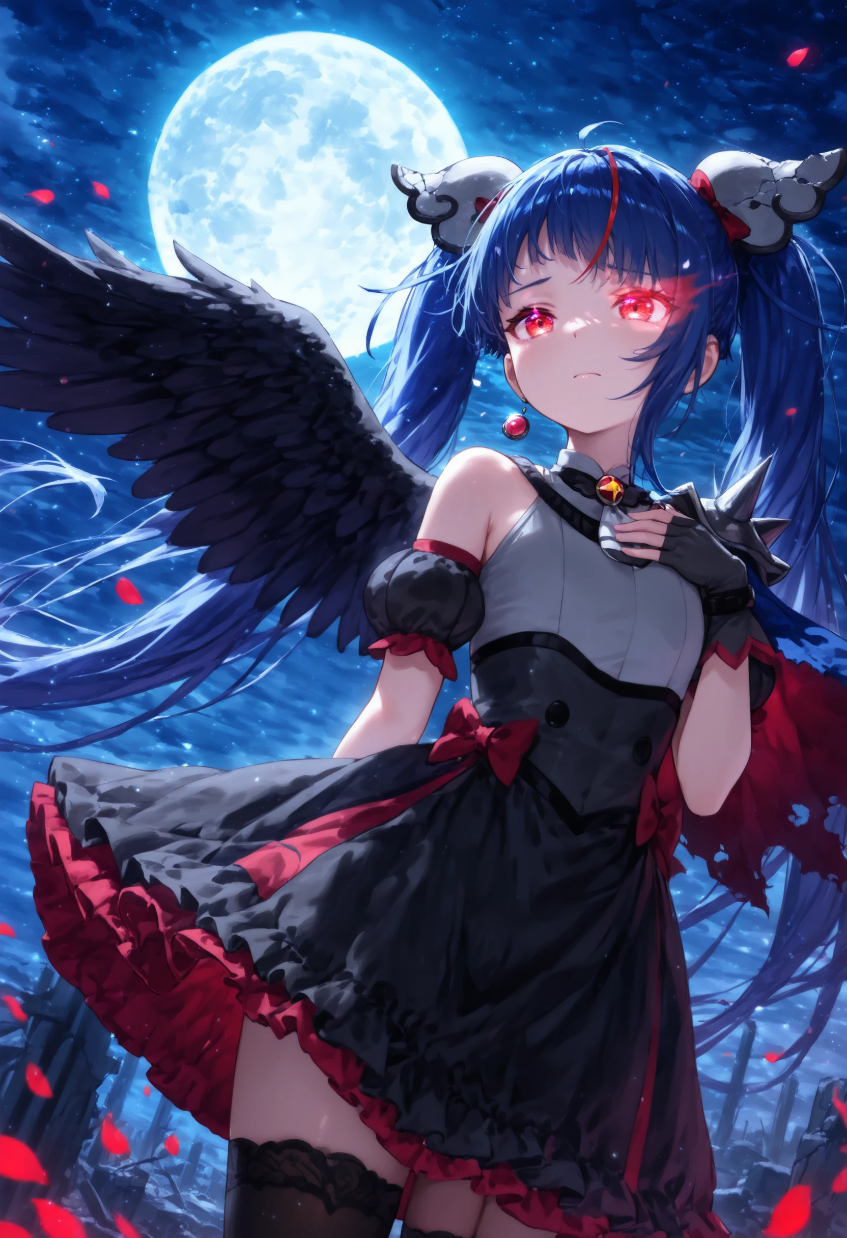 1girl, curesky-dark, general,
broken hair ornament, single earring,
brooch, grey dress, puffy detached sleeves, single wing, bare shoulders, spikes, torn cape,
black fingerless gloves,
black skirt, red bow, black thighhighs,
flat chest, dark blue hair, twintails, very long hair,
red eyes, flaming eyes:1.3,
sad, closed mouth,
cowboy shot, dutch angle, facing up,
standing, hand on own chest, wind,
(moonlight, full moon, huge moon, night, starry sky, glowing petals:1.2, ruins:1.2, outside), light particles,
masterpiece, best quality, amazing quality, newest
<lora:ill_curesky-dark:1>