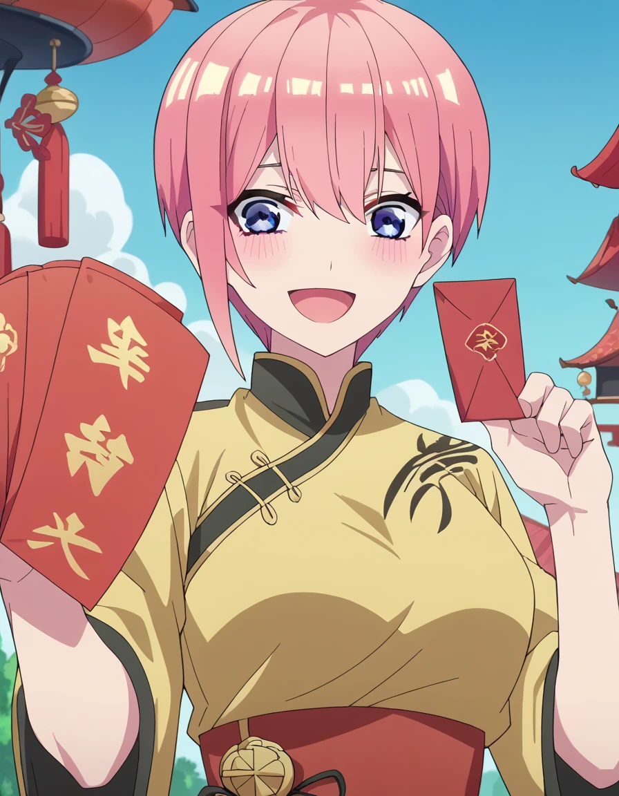 score_9, score_8_up, score_7_up, source_anime, <lora:ichika-nakano-s2-ponyxl-lora-nochekaiser:1>, ichika nakano, short hair, bangs, blue eyes, hair between eyes, pink hair, pixie cut, large breasts, anime screencap, <lora:hongbao-ponyxl-lora-nochekaiser:1>, hongbao, chinese new year, good fortune symbol, holding envelope, envelope, red envelope, outstretched arm, smile, blush, outdoors, open mouth, looking at viewer,, ,