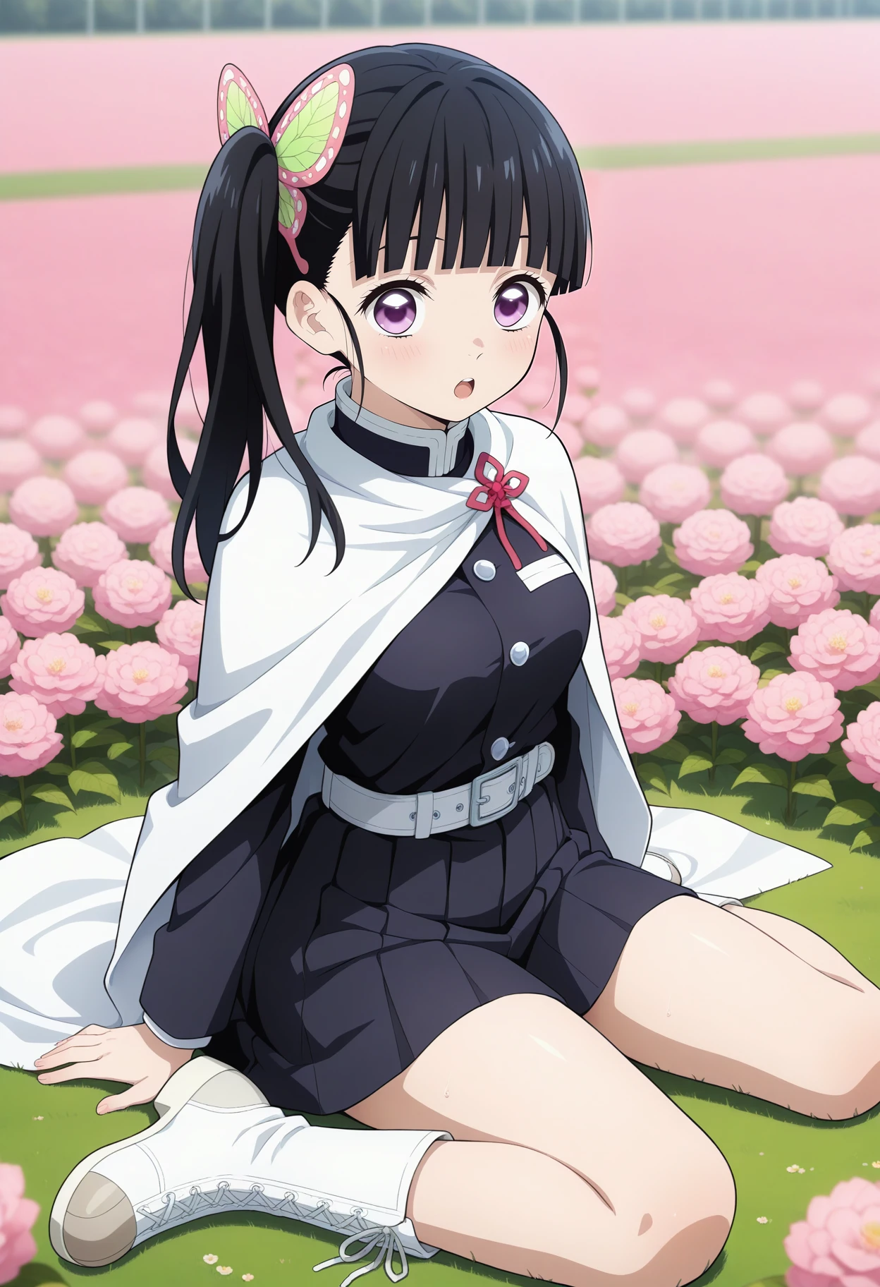 best quality, good quality, amazing quality, very aesthetic, absurdres, masterpiece, 1girl, aakanao, long hair, black hair, side ponytail, hair ornament, blunt bangs, purple eyes, medium breasts, white cape, black shirt, long sleeves, white belt, pleated skirt, black skirt, <lora:tsuyuri_kanao_ilxl_v1:1>, wariza, field, :o, boots, white footwear,