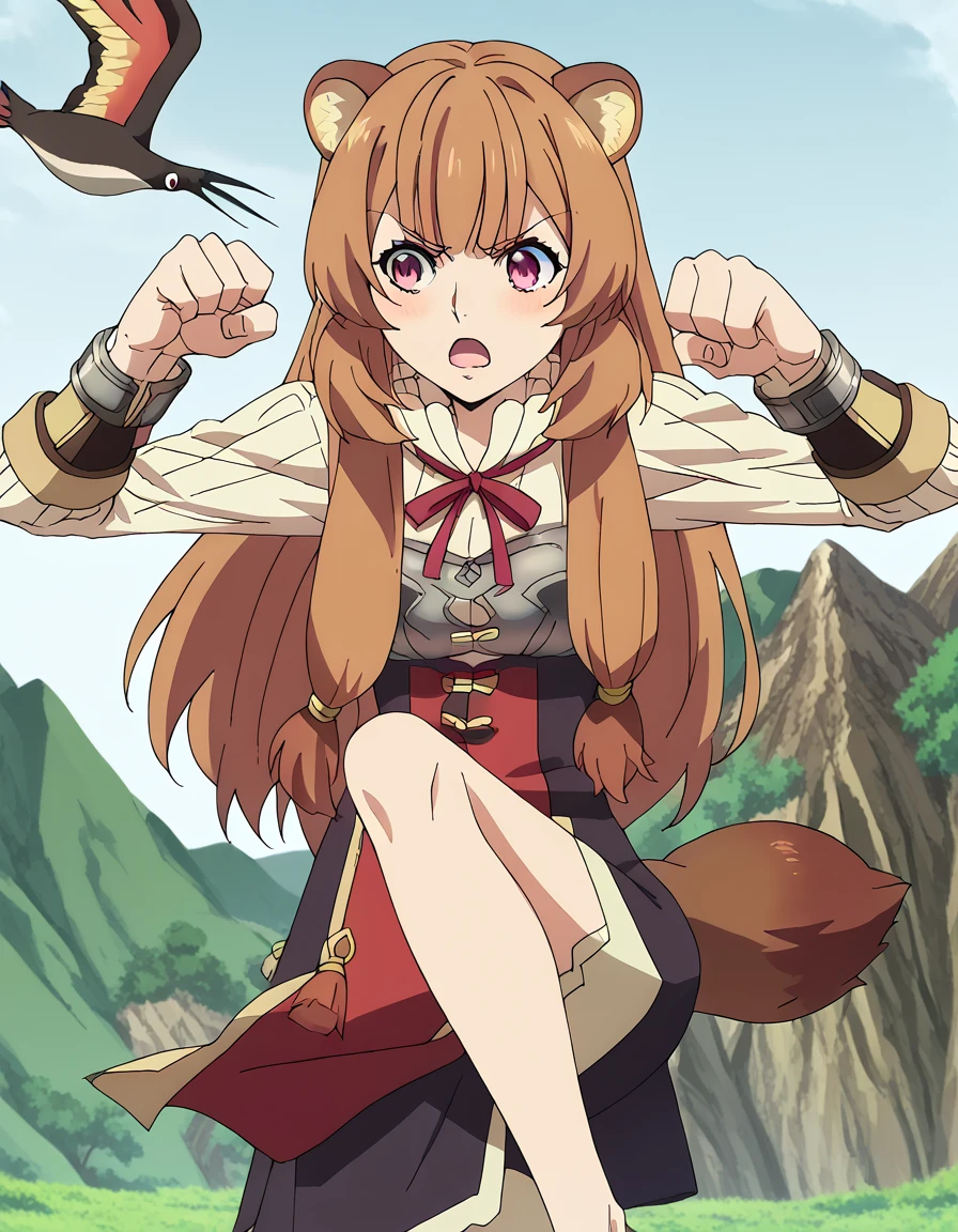 score_9, score_8_up, score_7_up, source_anime, <lora:raphtalia-s3-ponyxl-lora-nochekaiser:1>, raphtalia, long hair, bangs, brown hair, animal ears, raccoon ears, raccoon tail, raccoon girl, pink eyes, medium breasts, anime screencap, <lora:crane-stance-ponyxl-lora-nochekaiser:1>, crane stance, fighting stance, closed mouth, leg up, standing, standing on one leg, looking to the side, hands up, open mouth, blush, solo, <lora:tangzhuang-ponyxl-lora-nochekaiser:1>, tangzhuang, chinese clothes, pelvinc curtain,,