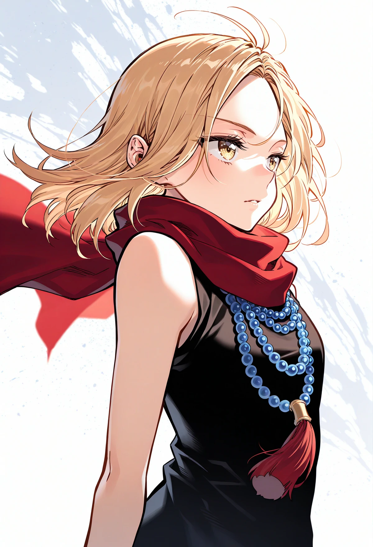 masterpiece, best quality, high quality, anime, solo,
<lora:AEAnna:1> AEAnna, yellow eyes, blonde hair, parted bangs, forehead, bead necklace, black dress, sleeveless dress, red scarf,
r <lora:AERingoIlx:1>
