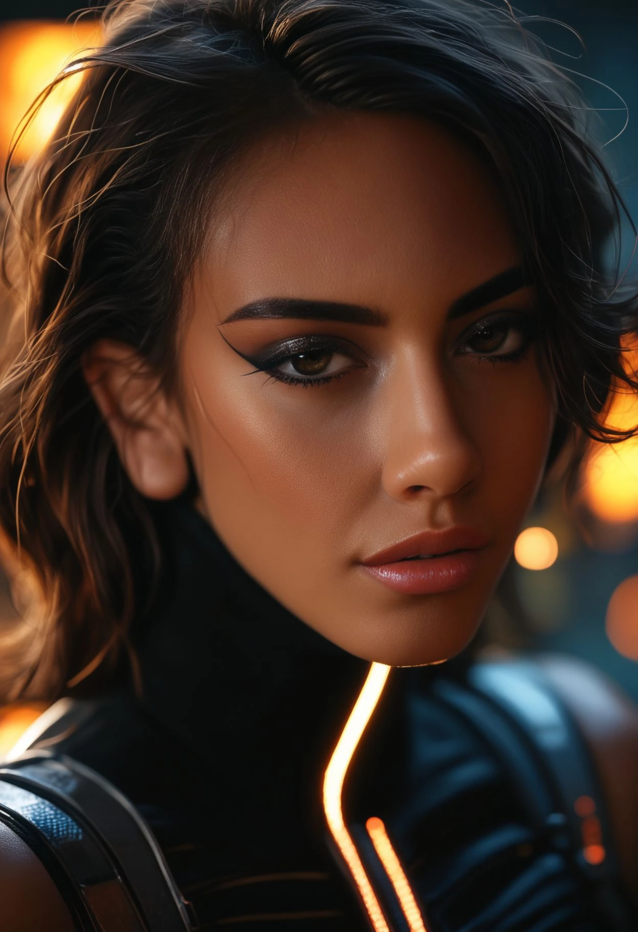 score_9, score_8_up, score_7_up, score_6_up, science_fiction, j4n1c3, 1girl, dark hair, (dark-skinned_female:0.5), beautiful, tall, makeup, skinny, portrait, close-up, upper_body, Wearing an advanced fire-resistant spacesuit: fireproof attire, high-temperature resistance, fire incident protection.,