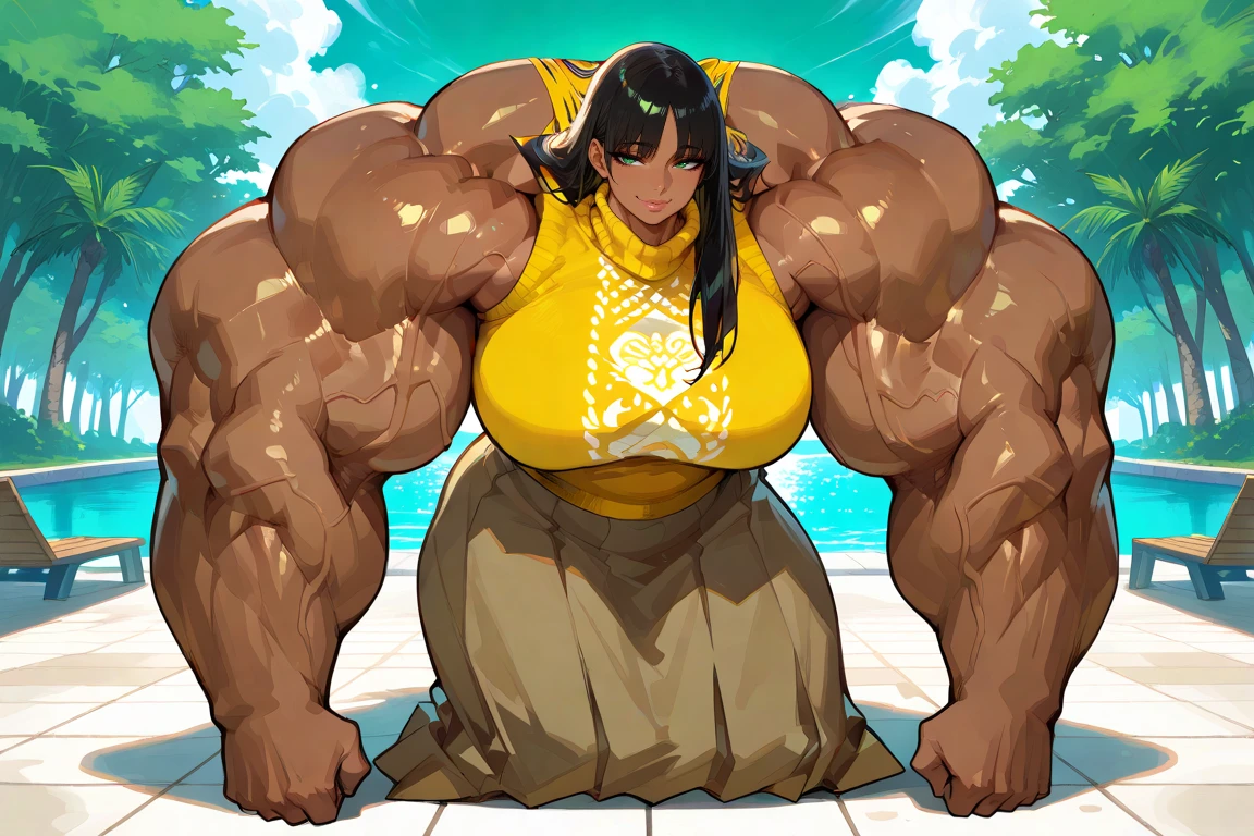 Solo, 1girl, a latina woman, Inca woman, huge hulking muscles, yellow stretched sweater, yellow sweater, hyper massive arms, whooly yellow cropped turtle neck sweater, sleeveless, sleeveless sweater,baggy inca skirt, inca skirt with Inca patterns, medium skirt, skirt with Inca embroidery, massive , hyper muscular thighs, green eyes, green emerald earings, huge arms, colossal arms, titanic biceps, gargantuan trapezoid muscles, humongous biceps, gargantuan biceps, super wide neck, widest neck in the world, fat bodybuilder physique, massive muscles, brown skin tone, tanned, black hair, straight black hair, long hair, forehead bangs, bangs, in a college campus, campus background, faint smile, clossed lips,  lips, full body