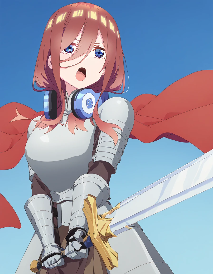 masterpiece, best quality, newest, absurdres, highres, safe,, <lora:miku-nakano-s2-ponyxl-lora-nochekaiser:1>, miku nakano, long hair, bangs, blue eyes, brown hair, hair between eyes, headphones, headphones around neck, large breasts, anime screencap, <lora:sunrise-stance-illustriousxl-lora-nochekaiser:1>, sunrise stance, weapon, sword, solo, open mouth, holding weapon, holding, holding sword, <lora:knight-ponyxl-lora-nochekaiser:1>, knight, armor, cape, shoulder armor, gauntlets, helmet, pauldrons, red cape,, ,