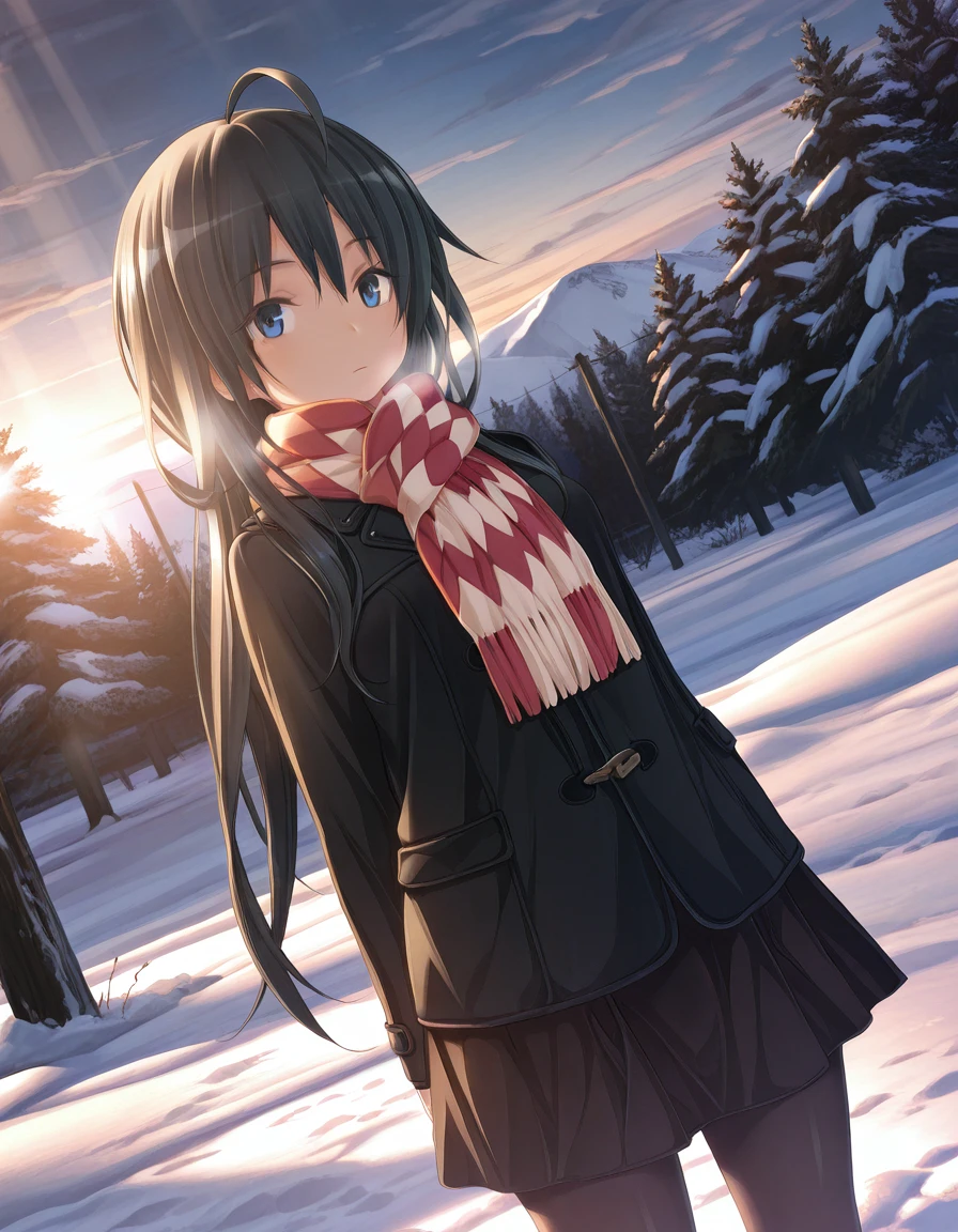 masterpiece, absurdres, best quality, aesthetic, 2.5d, KatsuPS, yukino yukinoshita, oregairu, long hair, black hair, ahoge, blue eyes, ahoge <lora:KatsuPS_IllXL:1.05> BREAK KatsuPS, 1girl, solo, black jacket, winter, snow, outdoors, sunbeam, sunset, sunlight, scarf, skirt, black pantyhose, dutch angle, lens flare, looking at viewer, expressionless