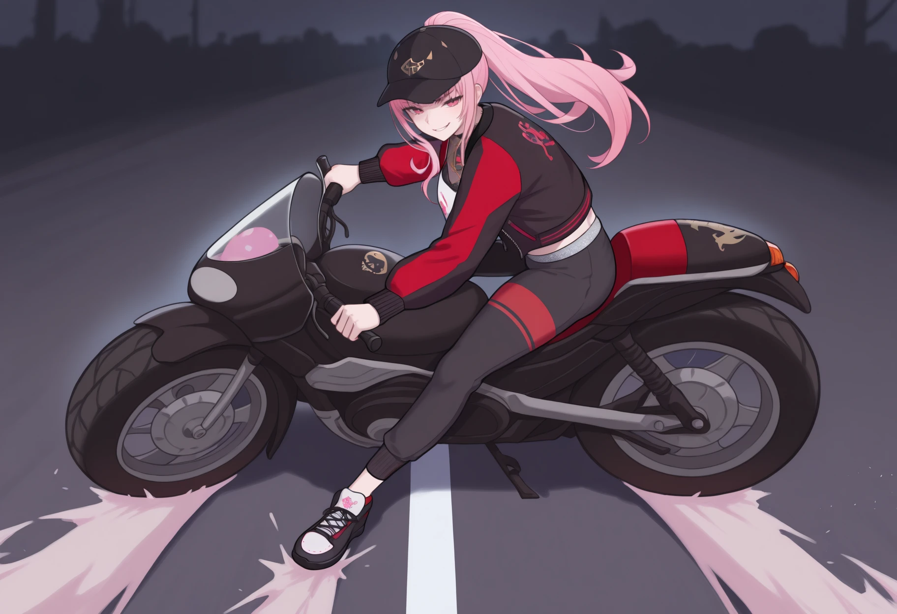 masterpiece, best quality, full body, solo, 1girl, mori calliope \(streetwear\), hololive, smirk, looking at viewer, ak1rasl1de, riding, motor vehicle, on motorcycle, long hair, pink hair, ponytail, black headwear, baseball cap, pink eyes, road
<segment:yolo-Anzhc Face seg 640 v2 y8n.pt,0.4,0.5//cid=1>