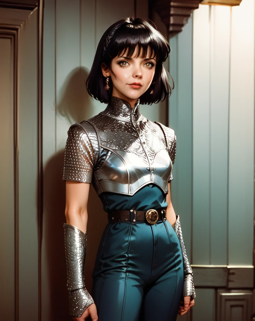 (embedding:pony\pony_pdxl_negative_embeddings\high_quality_v3\zPDXL3), score_9, score_8_up, score_7_up, rating_safe, 1girl, solo, looking_at_viewer,  high-resolution, detailed texture, atmosphere, flat_color, retro_artstyle, 1990s_\(style\), award winning, stunning, masterpiece, best quality, absurdres,  cricci, black hair, short hair, bangs, hazel eyes, small_breasts,  cyber armor, fully clothed  cowboy shot, standing, (from_below:0.8)