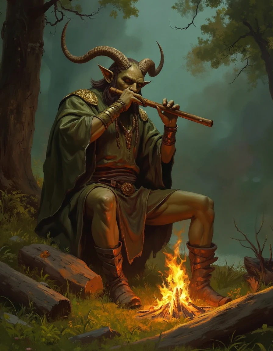 fantasy painting of a Firbolg Bard telling stories and playing a wooden flute beside a campfire in a mystical clearing