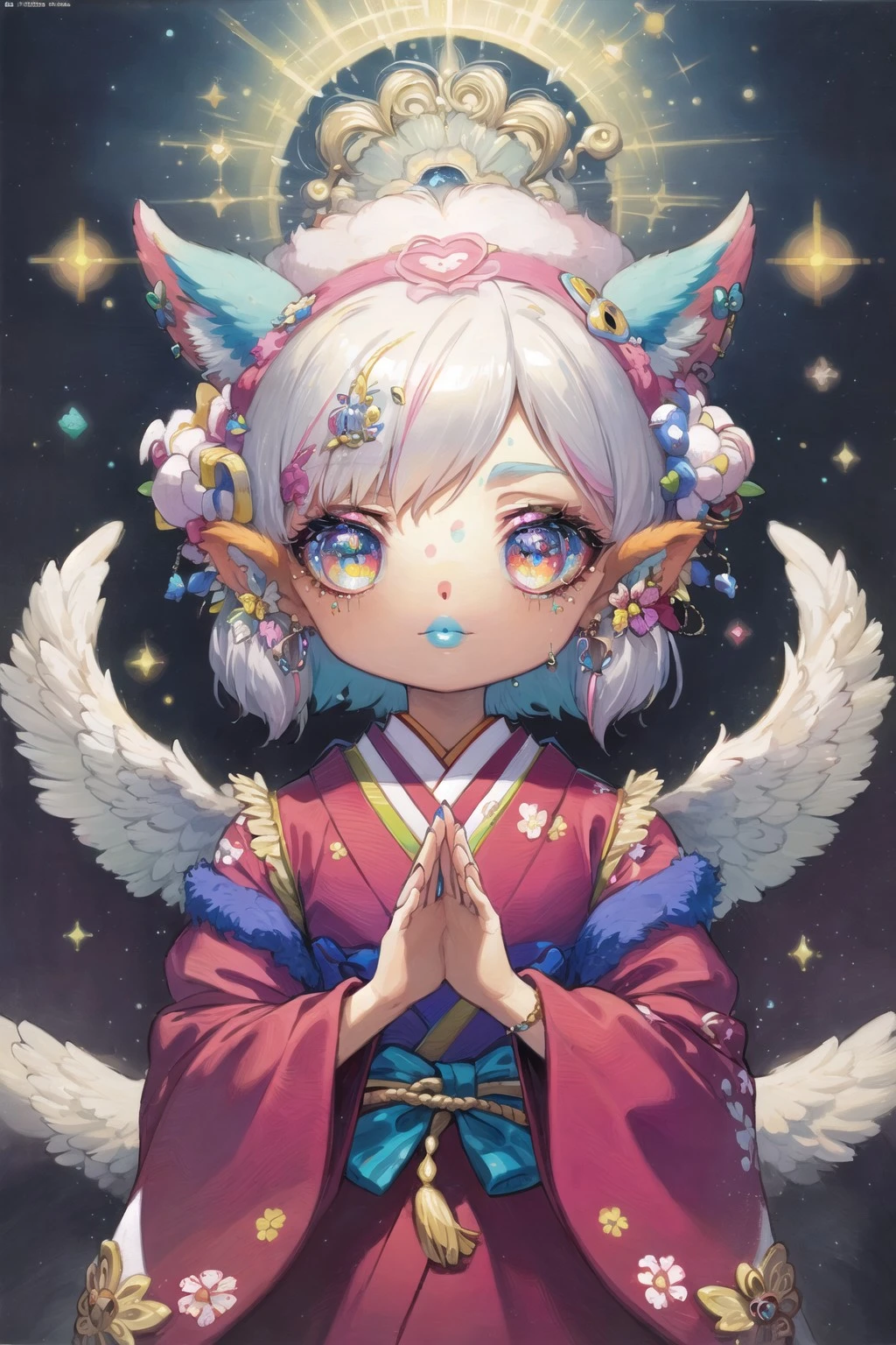 (masterpiece, top quality, best quality, official art, beautiful and aesthetic:1.2), W31RDD0LL, an acrylic painting of an angel, pink skin, two eyes, pink and blue freckles, red and blue lips, two pierced ears, white hair, claws, kimono, colorful, cute larvae <lora:W31RDD0LL:1.0>