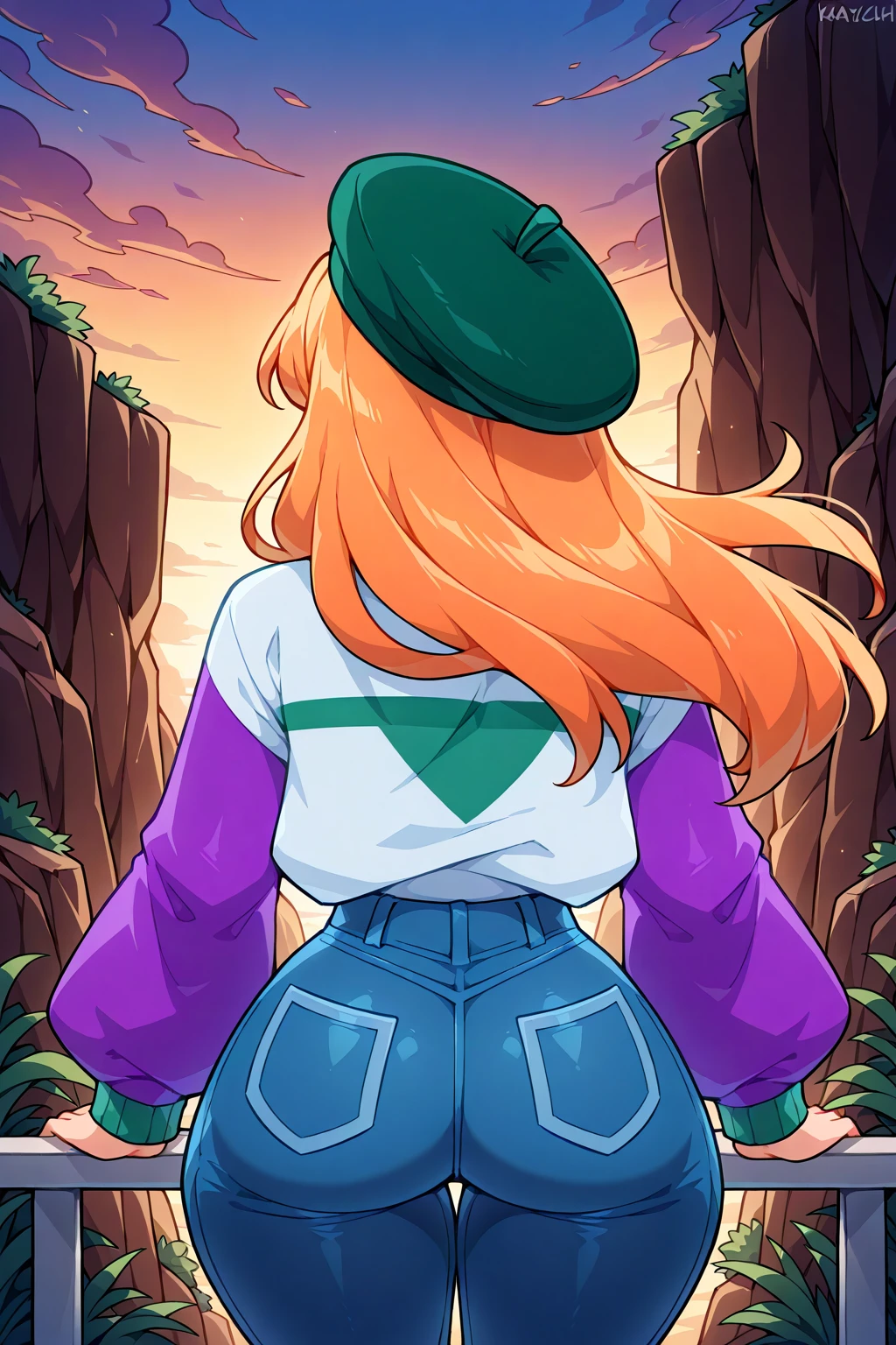 <lora:Kayleigh Illustrious:0.6>, kayleigh, white sweater, purple sleeves, beret, jeans, green headwear, sweater tucked in, 1girl, solo, cliff, sunset, wind, facing away, pink shirt, shirt under sweater, from behind, wide hips