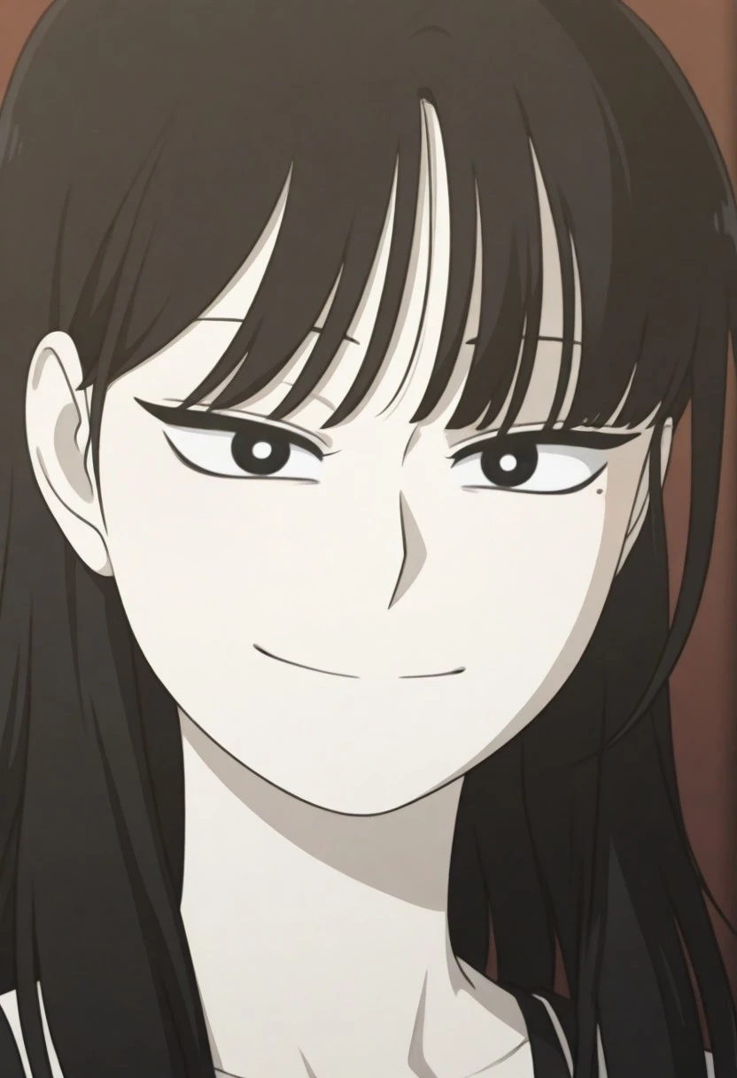 1girl, front view, black thin eyes, white pupils, detailed face, mole under eye, portrait, (full face:1.8), anime coloring:1.8, seduced smile, medium long hair, closed mouth