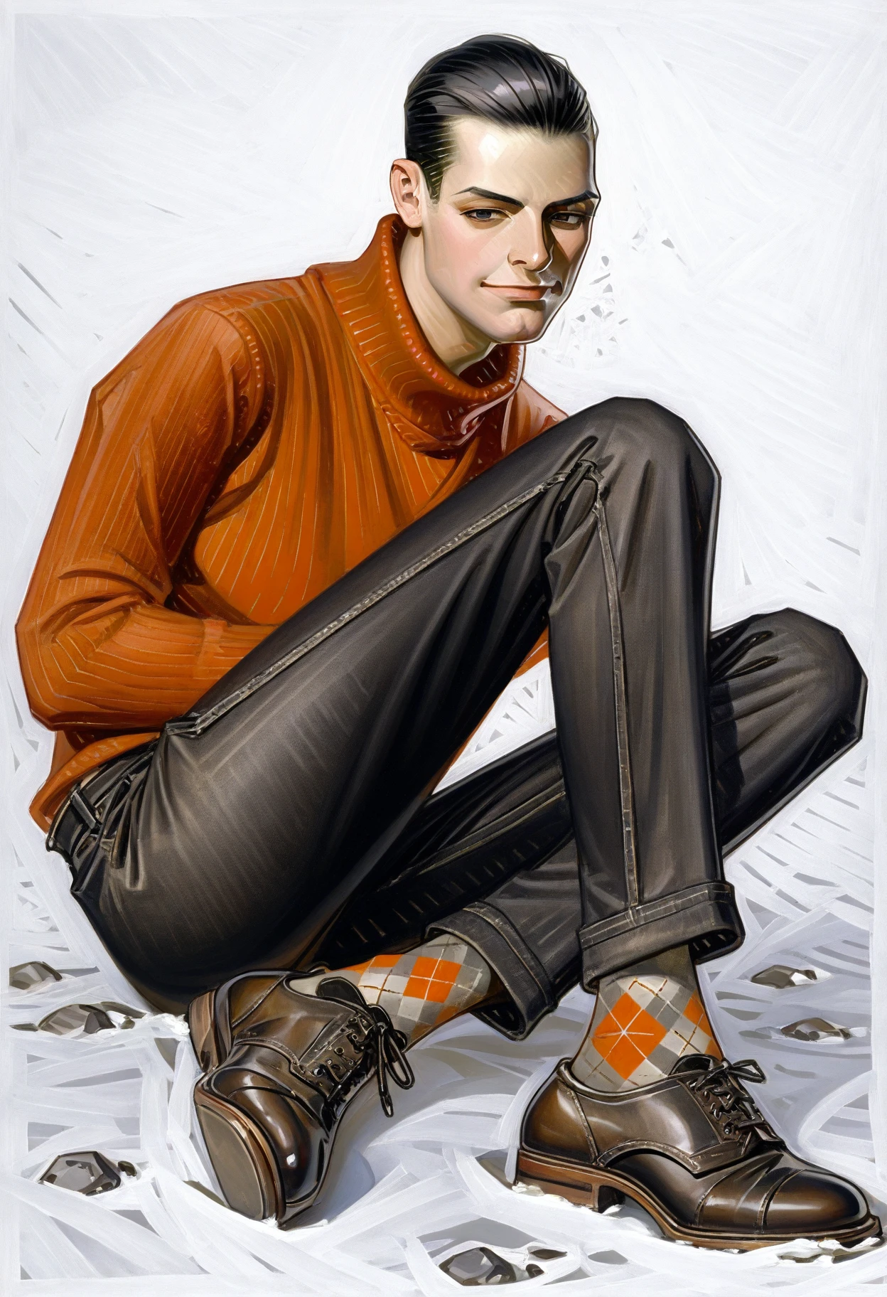 masterpiece, best quality, amazing quality, very aesthetic, absurdres, realistic, simple background, light-skinned male, white background, 1boy, short hair, black hair, hair slicked back, nose, red sweater, black pants, skinny jeans, skinny, looking at viewer, close-up, three quarter view, smirk, snow, sky, lying, leather shoes, argyle socks, snowing