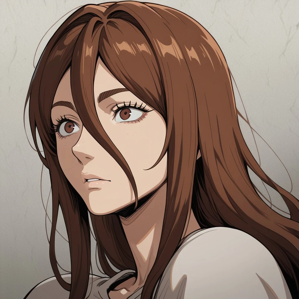 masterpiece, best quality, newest, absurdres, highres, manga, manga style, monochrome, greyscale, comic, Luca-Berserk-IL.V1.2, brown hair, brown eyes, long hair, hair between eyes,